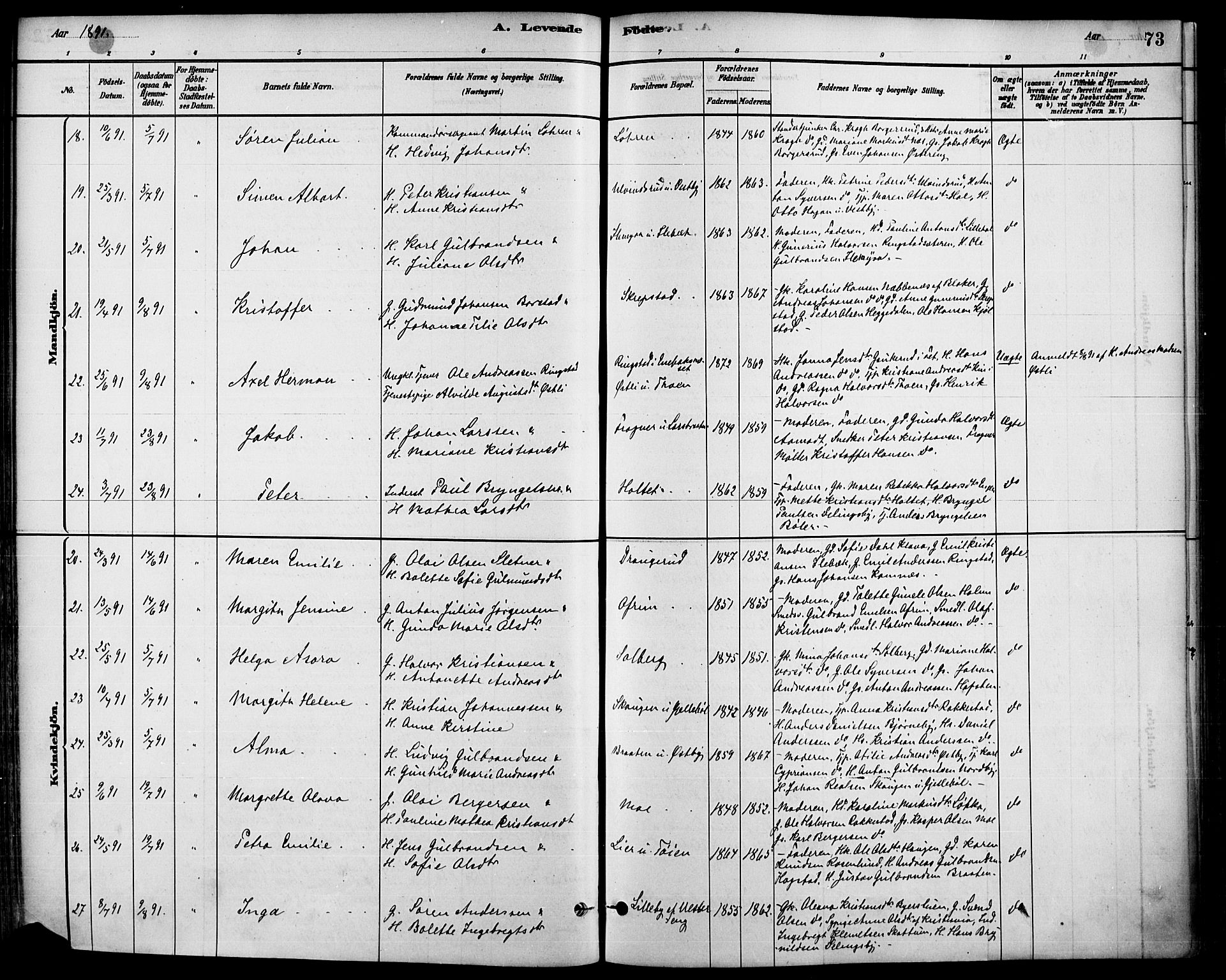 Høland prestekontor Kirkebøker, AV/SAO-A-10346a/F/Fa/L0013: Parish register (official) no. I 13, 1880-1897, p. 73