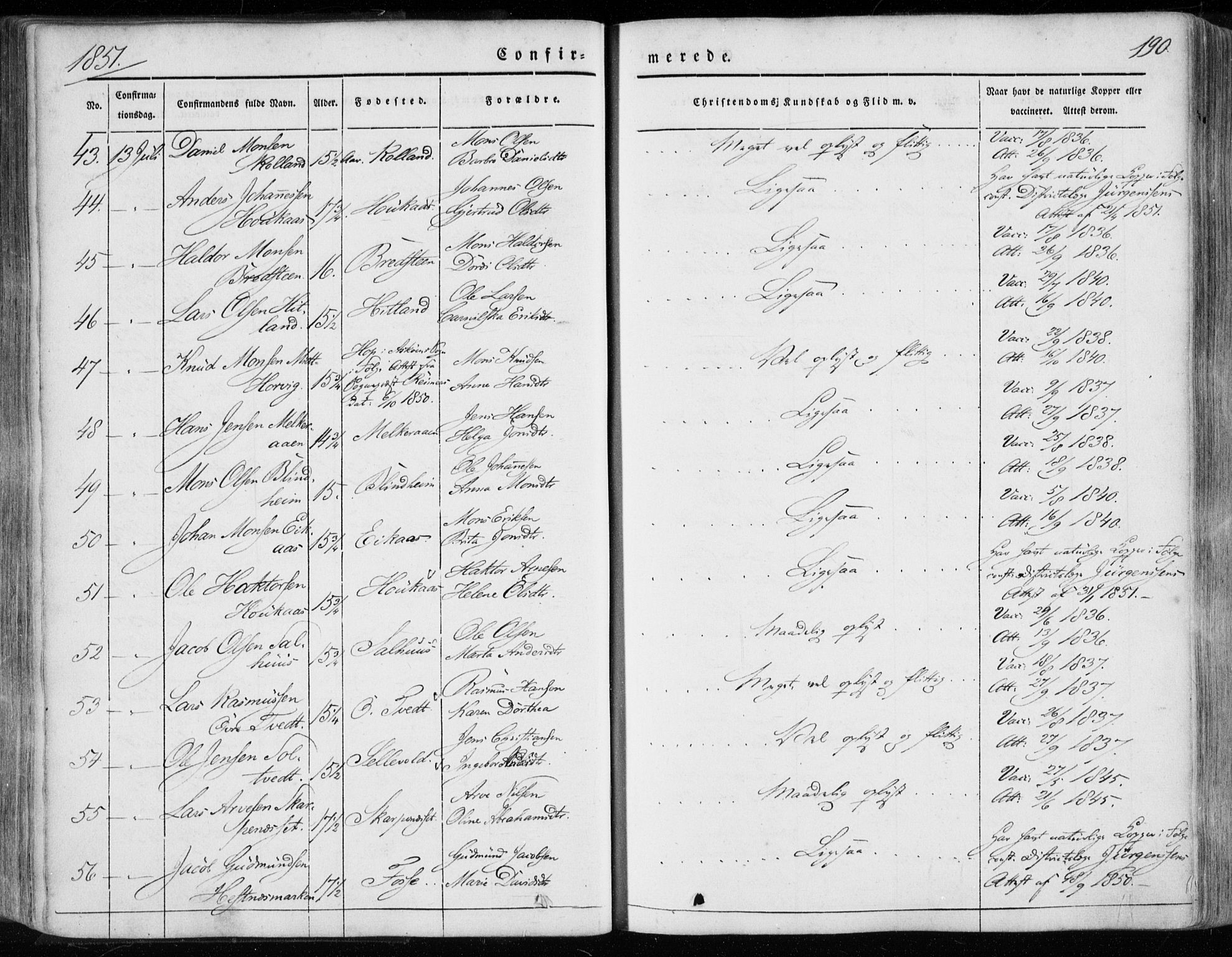 Hamre sokneprestembete, AV/SAB-A-75501/H/Ha/Haa/Haaa/L0013: Parish register (official) no. A 13, 1846-1857, p. 190