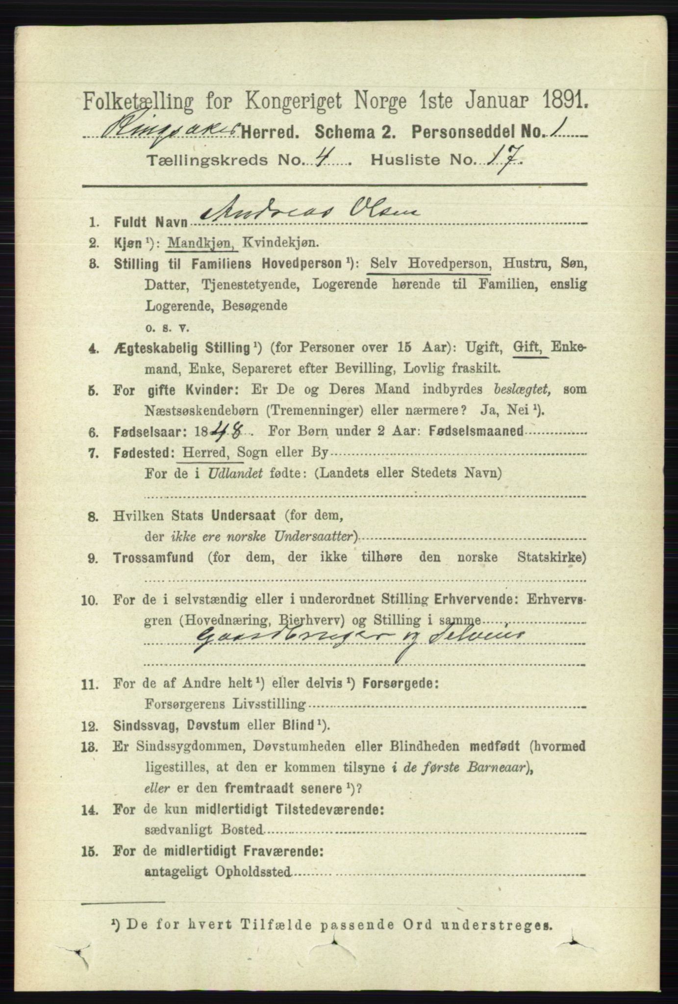 RA, 1891 census for 0412 Ringsaker, 1891, p. 1850