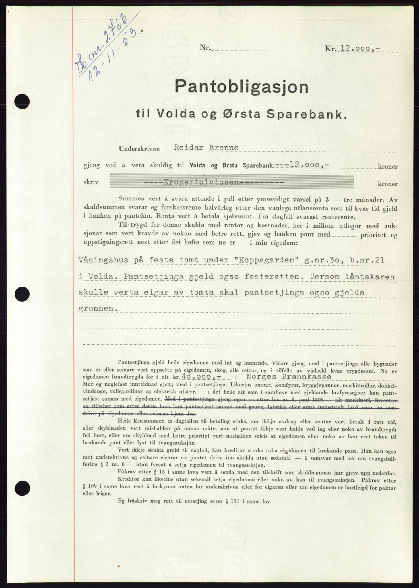 Søre Sunnmøre sorenskriveri, AV/SAT-A-4122/1/2/2C/L0124: Mortgage book no. 12B, 1953-1954, Diary no: : 2763/1953