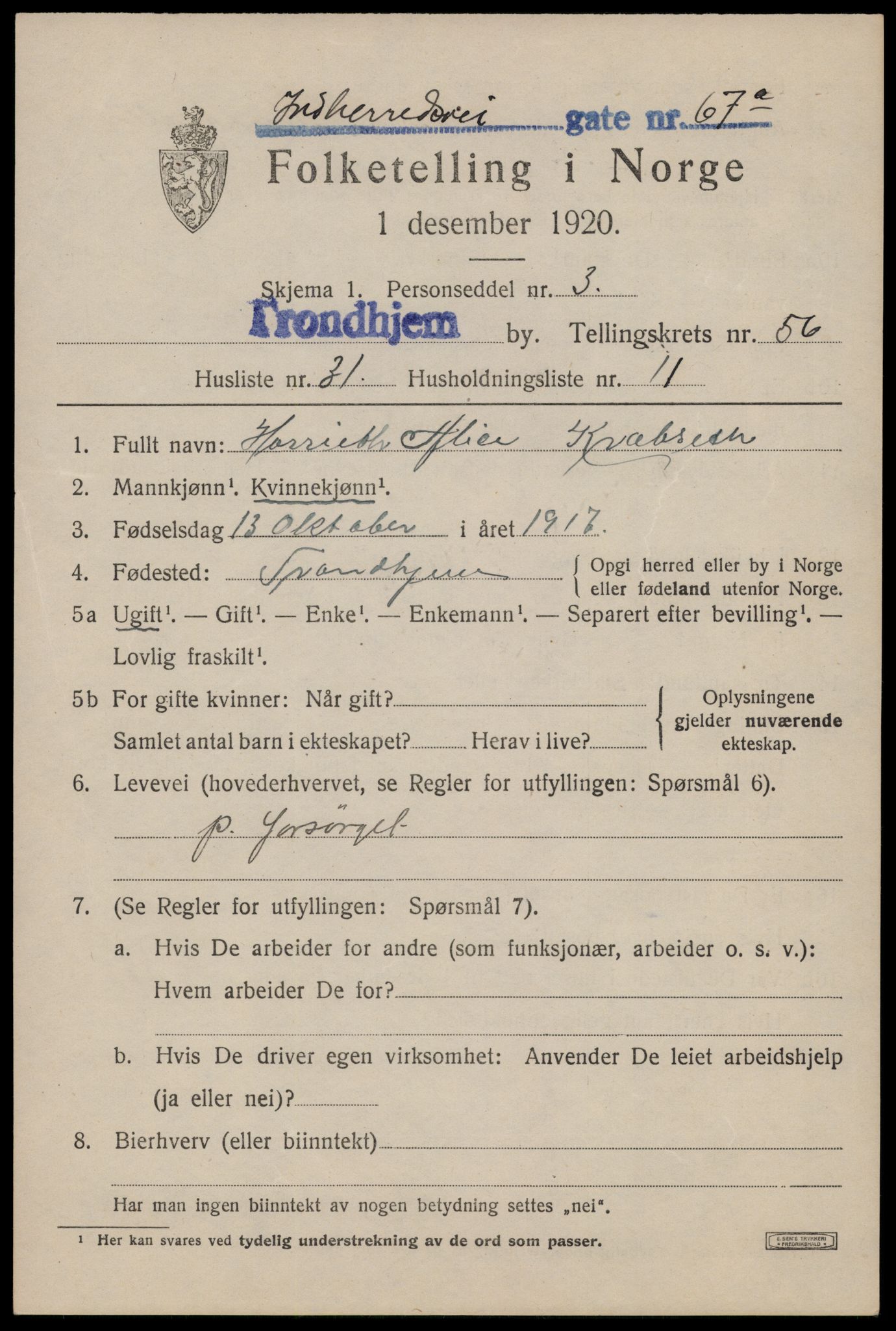 SAT, 1920 census for Trondheim, 1920, p. 115108