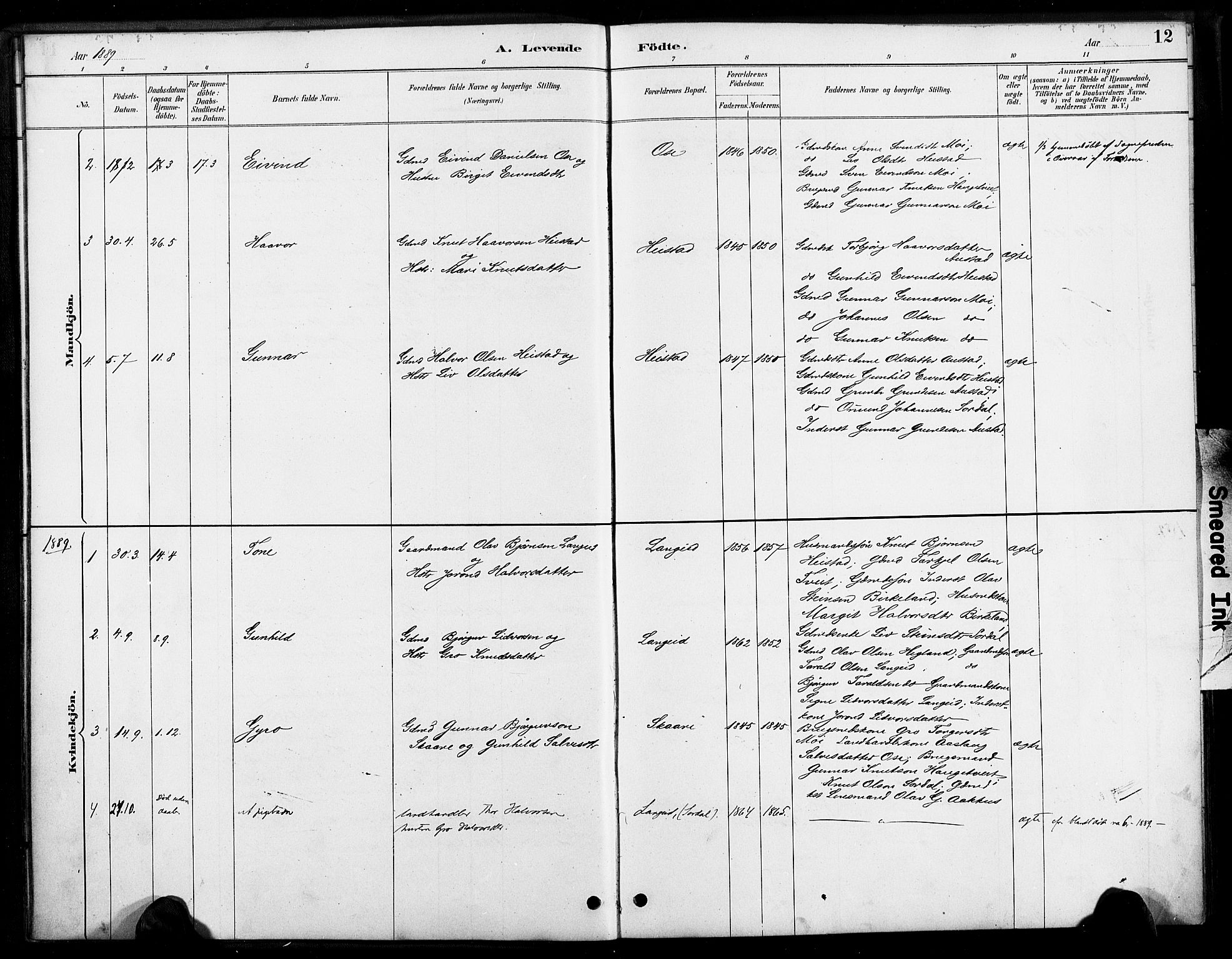 Bygland sokneprestkontor, AV/SAK-1111-0006/F/Fa/Faa/L0001: Parish register (official) no. A 1, 1885-1908, p. 12