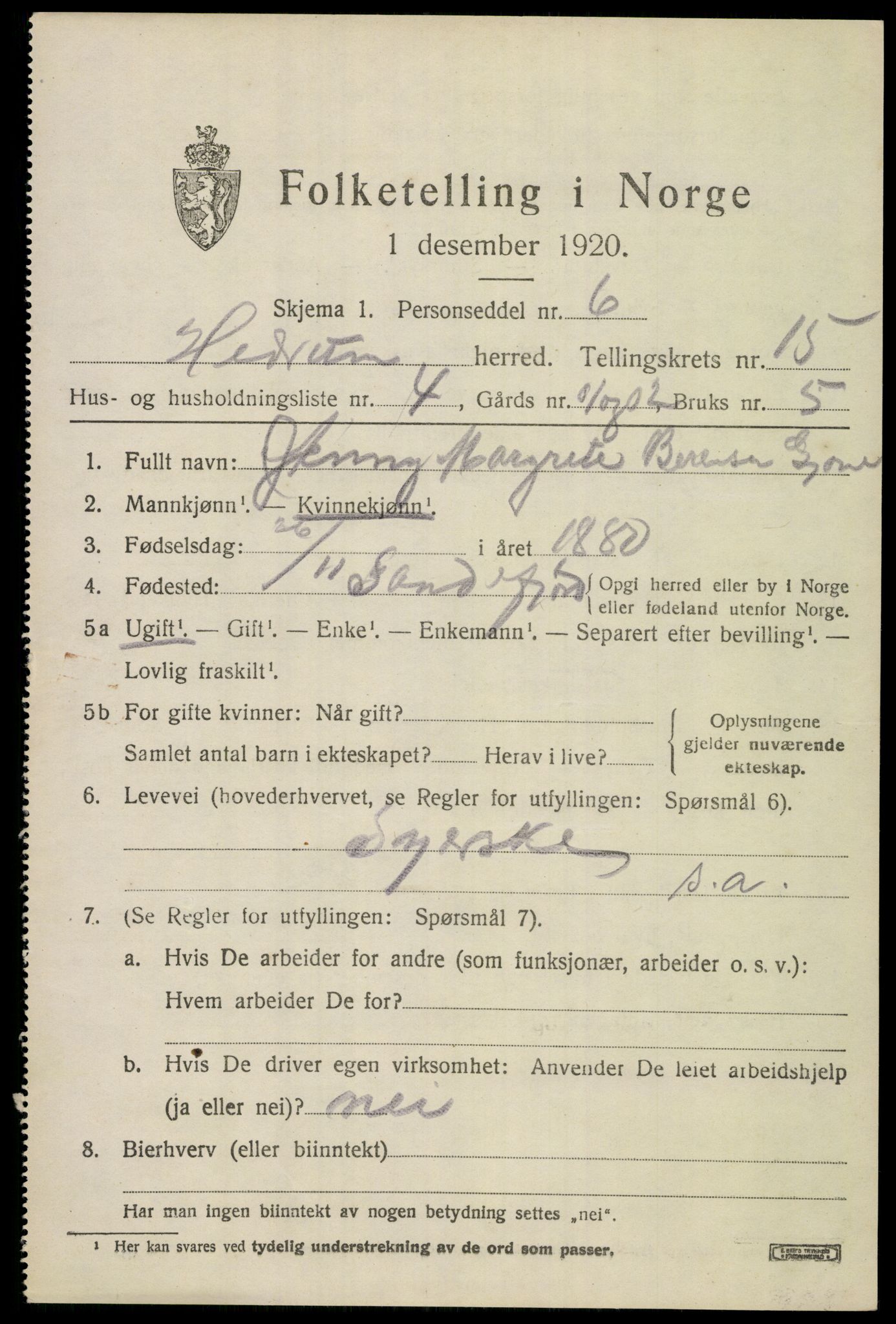 SAKO, 1920 census for Hedrum, 1920, p. 9929