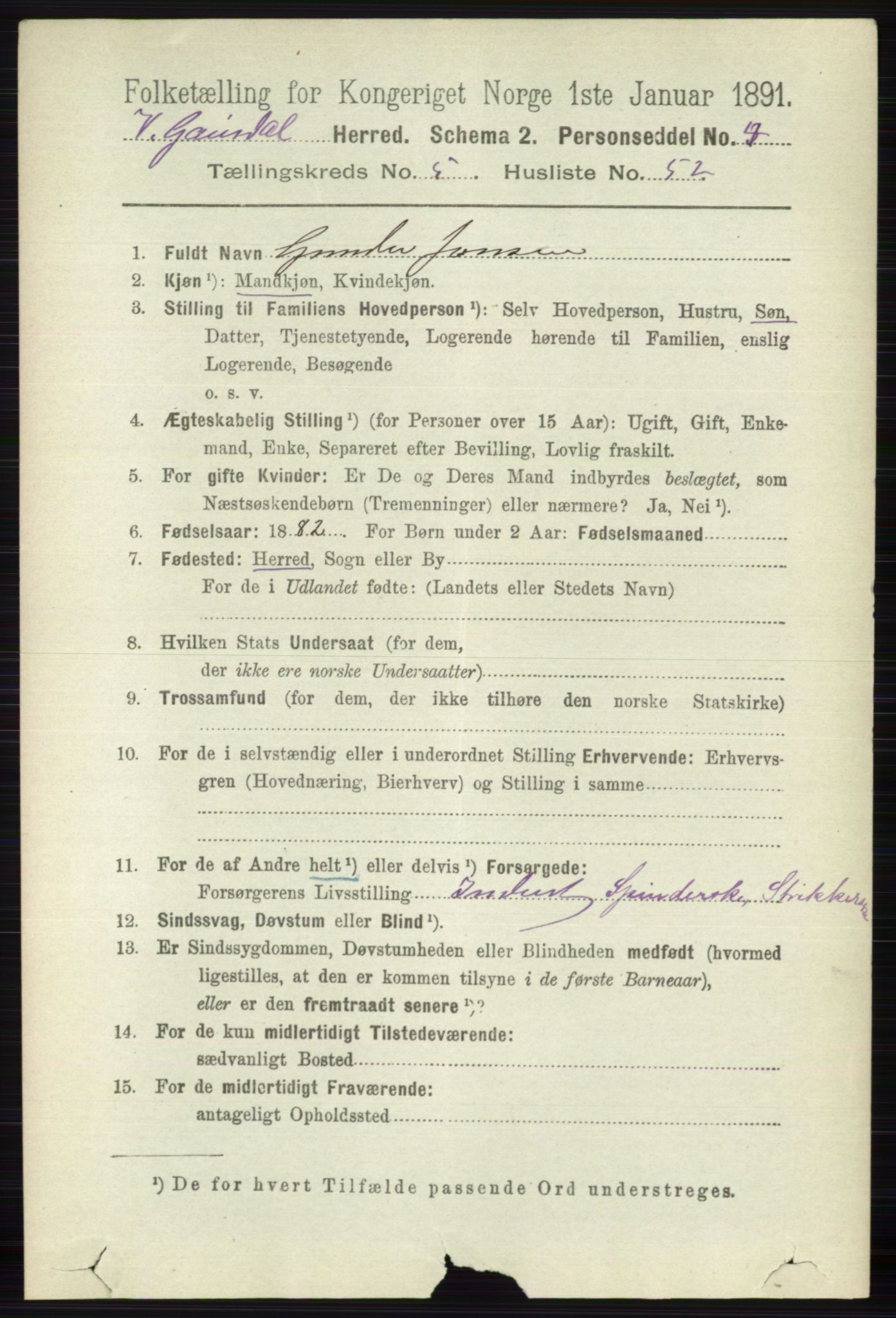 RA, 1891 census for 0523 Vestre Gausdal, 1891, p. 2473