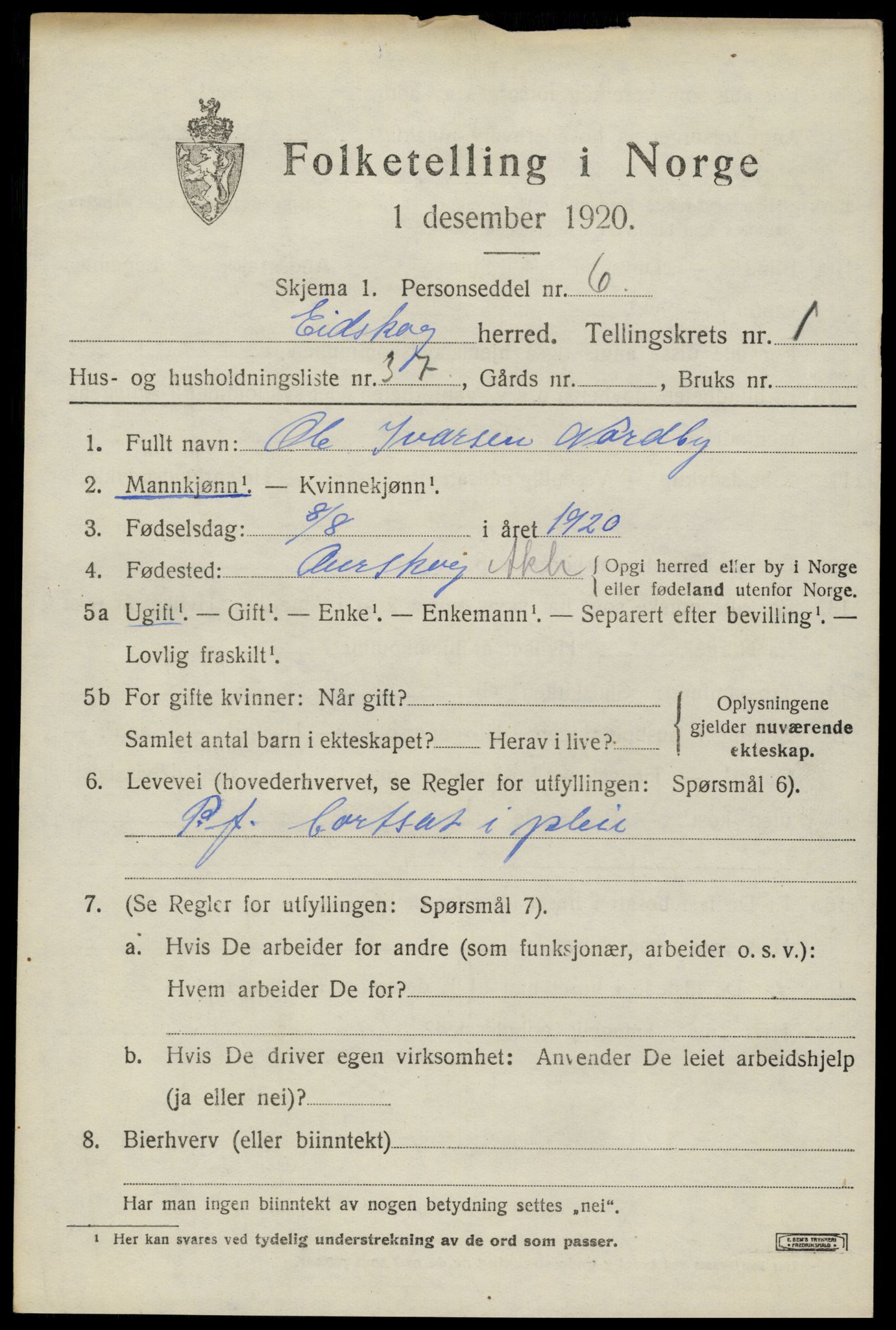 SAH, 1920 census for Eidskog, 1920, p. 2837