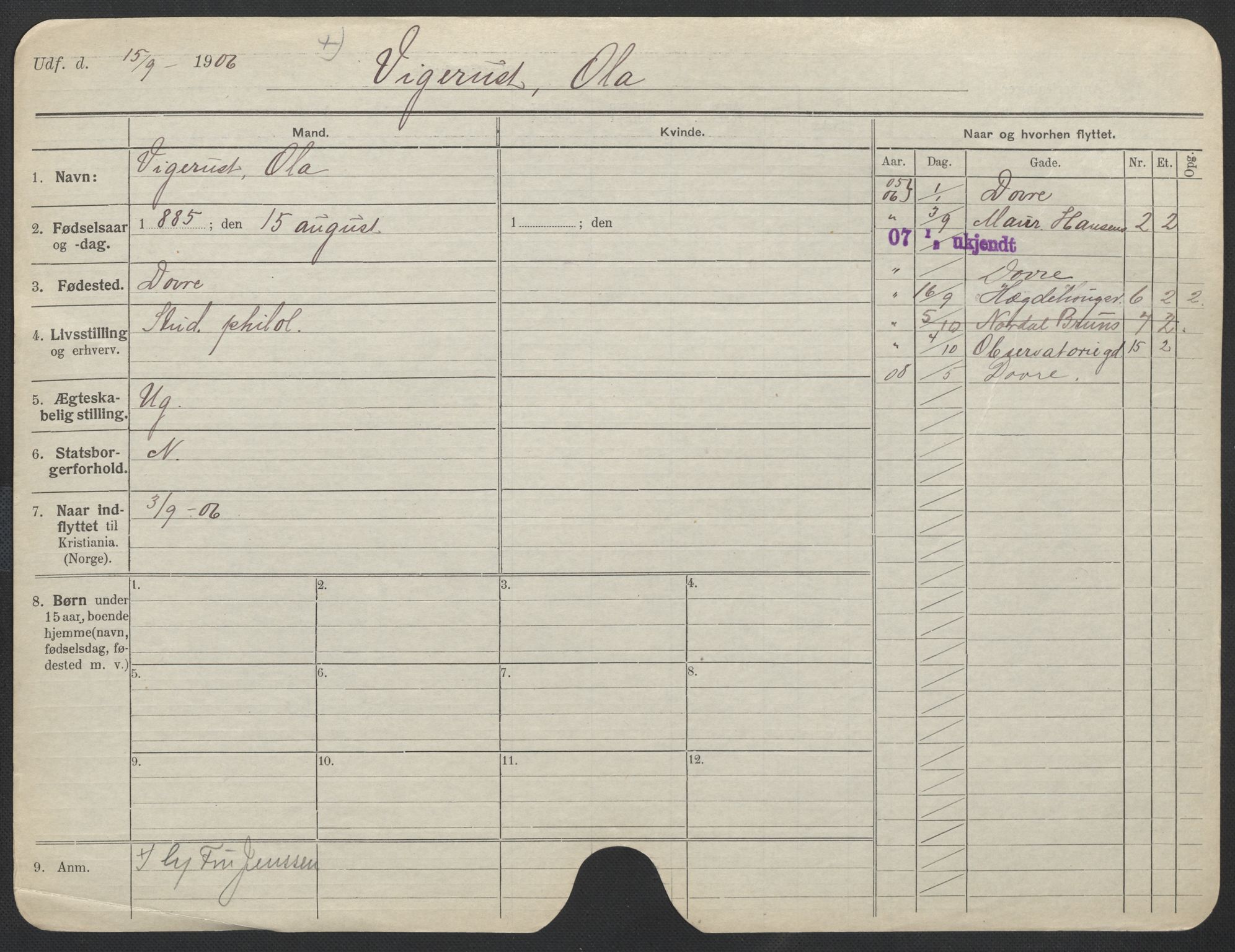 Oslo folkeregister, Registerkort, AV/SAO-A-11715/F/Fa/Fac/L0011: Menn, 1906-1914, p. 832a