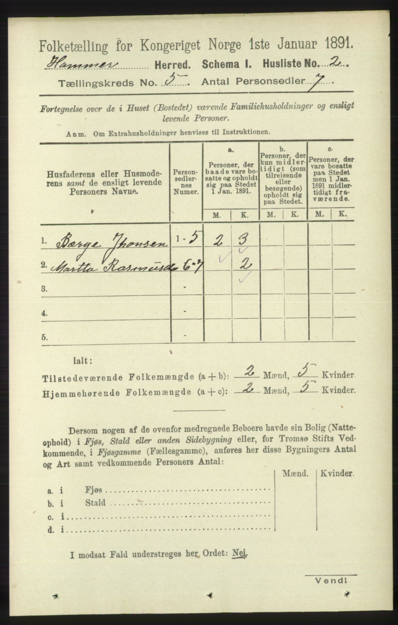 RA, 1891 census for 1254 Hamre, 1891, p. 1174