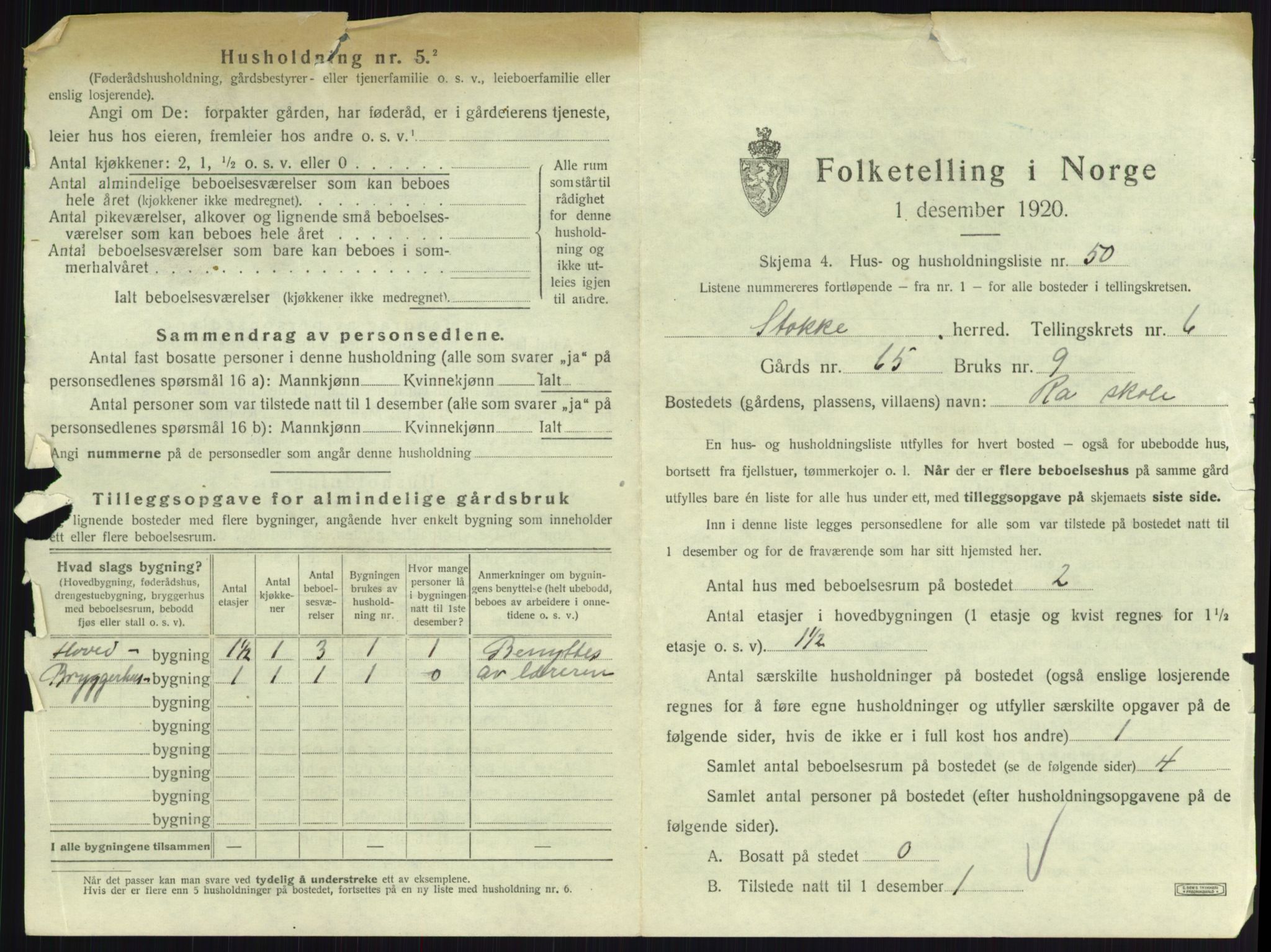 SAKO, 1920 census for Stokke, 1920, p. 1198