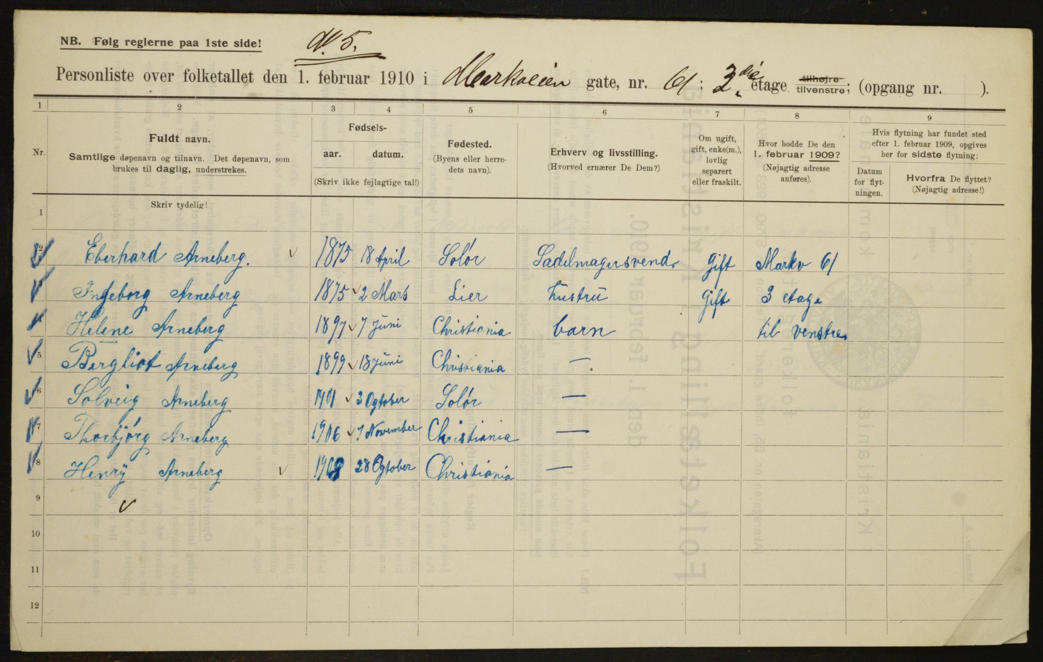 OBA, Municipal Census 1910 for Kristiania, 1910, p. 62316