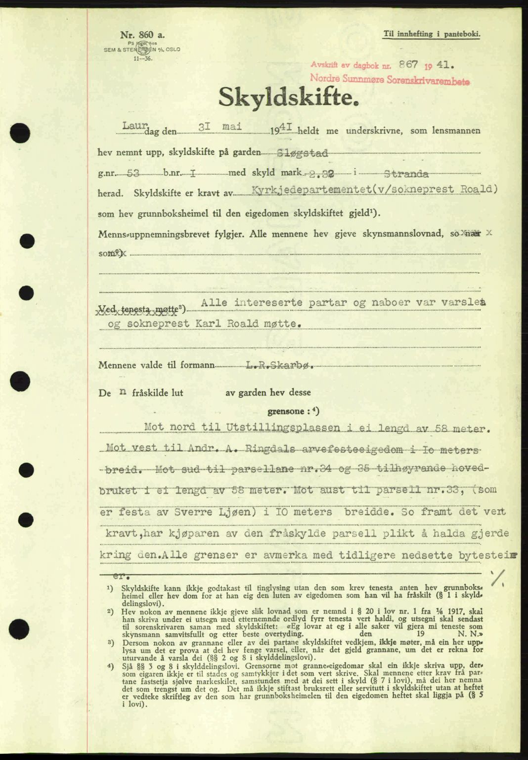 Nordre Sunnmøre sorenskriveri, AV/SAT-A-0006/1/2/2C/2Ca: Mortgage book no. A11, 1941-1941, Diary no: : 867/1941