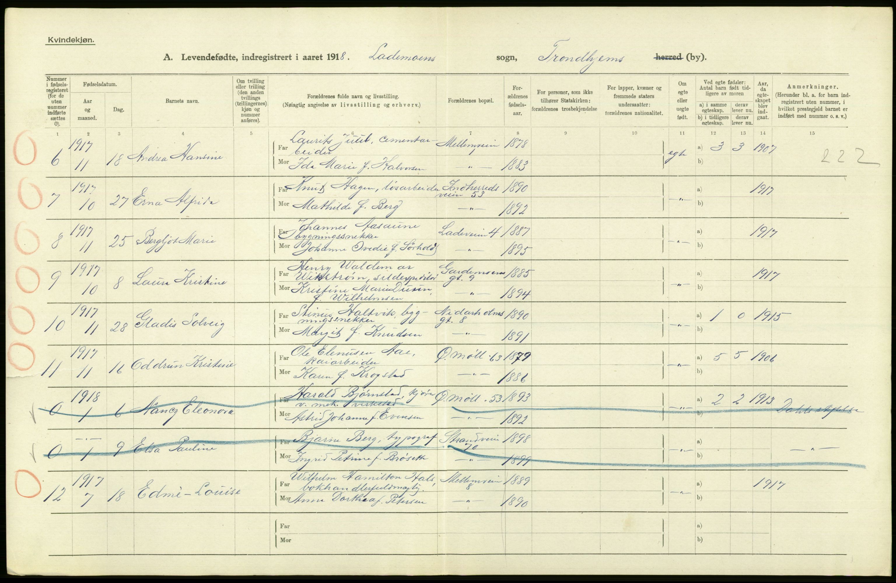 Statistisk sentralbyrå, Sosiodemografiske emner, Befolkning, RA/S-2228/D/Df/Dfb/Dfbh/L0048: Trondheim: Levendefødte menn og kvinner, gifte., 1918, p. 612