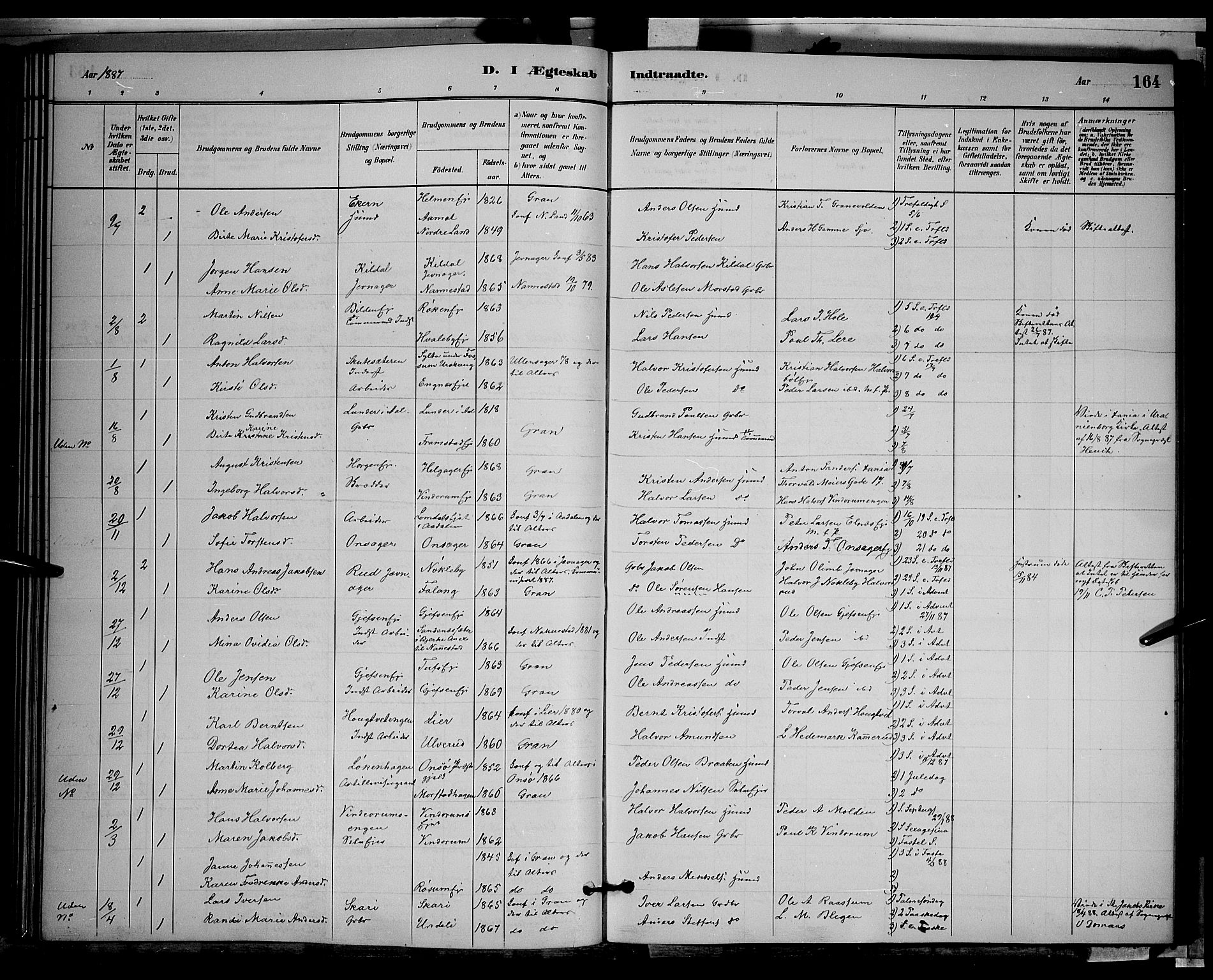Gran prestekontor, SAH/PREST-112/H/Ha/Hab/L0002: Parish register (copy) no. 2, 1879-1892, p. 164