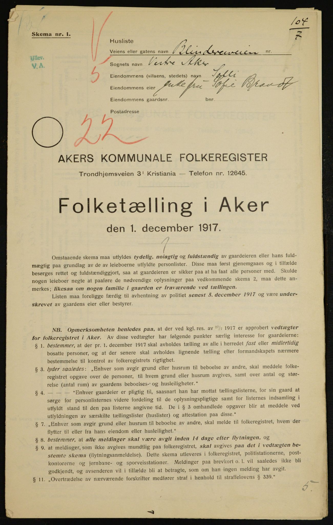 OBA, Municipal Census 1917 for Aker, 1917, p. 10439