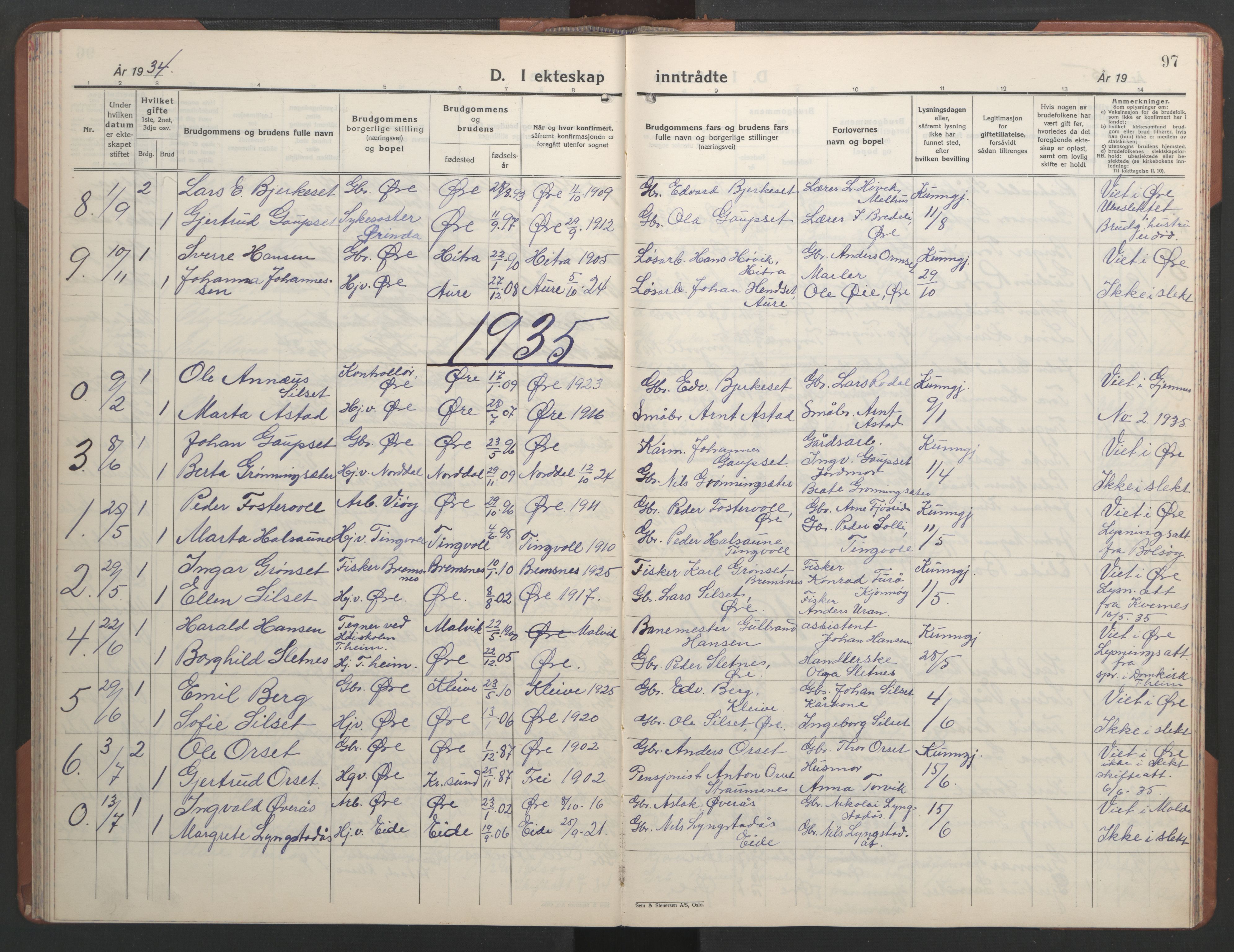 Ministerialprotokoller, klokkerbøker og fødselsregistre - Møre og Romsdal, AV/SAT-A-1454/584/L0971: Parish register (copy) no. 584C04, 1933-1946, p. 97