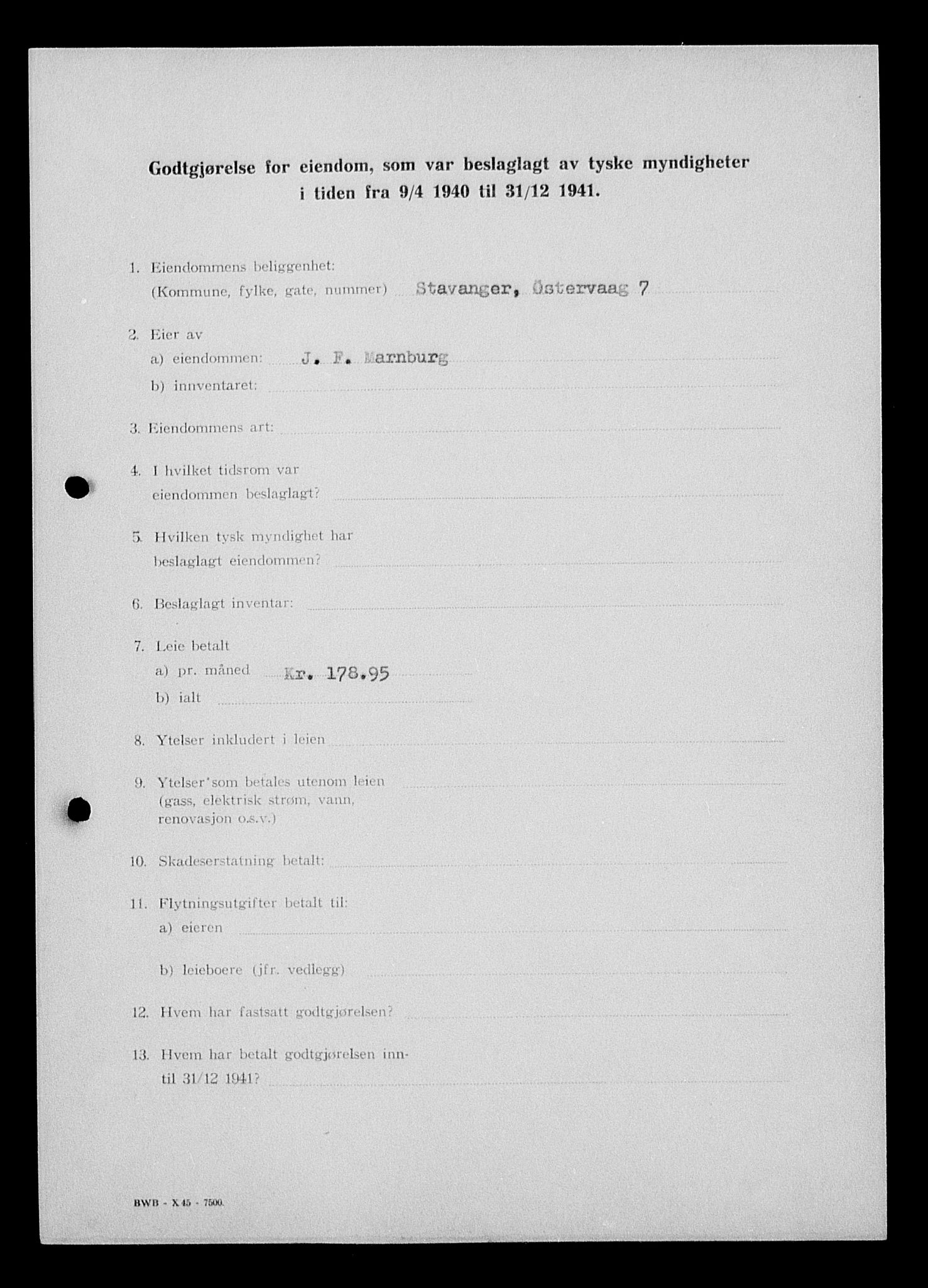 Justisdepartementet, Tilbakeføringskontoret for inndratte formuer, AV/RA-S-1564/I/L1014: Godtgjørelse for beslaglagt eiendom, 1940-1941, p. 80