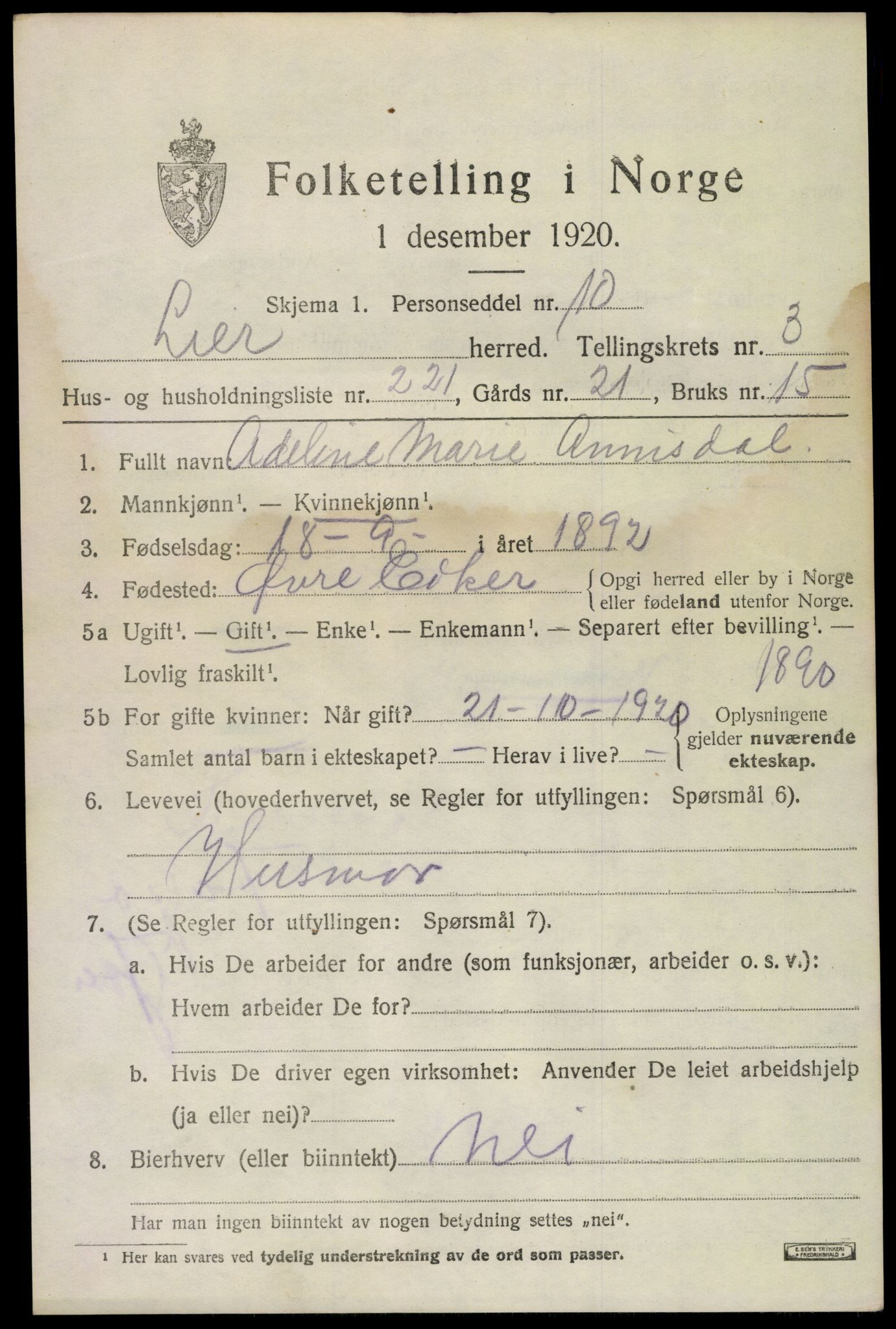 SAKO, 1920 census for Lier, 1920, p. 10592