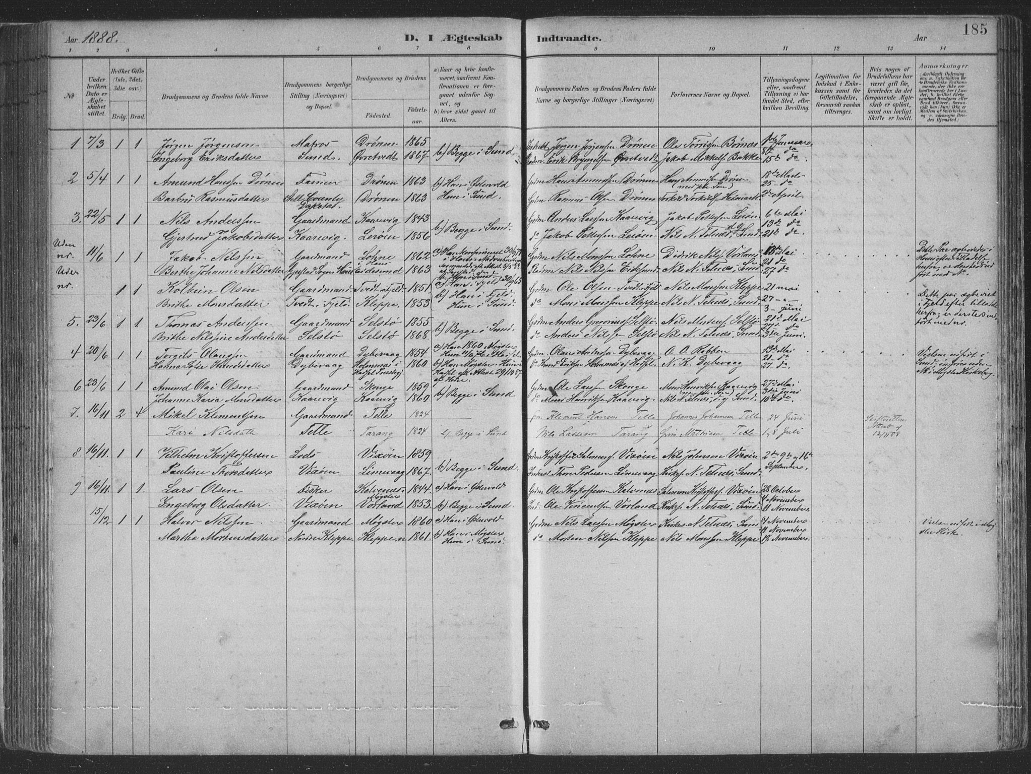 Sund sokneprestembete, SAB/A-99930: Parish register (copy) no. B 3, 1882-1911, p. 185