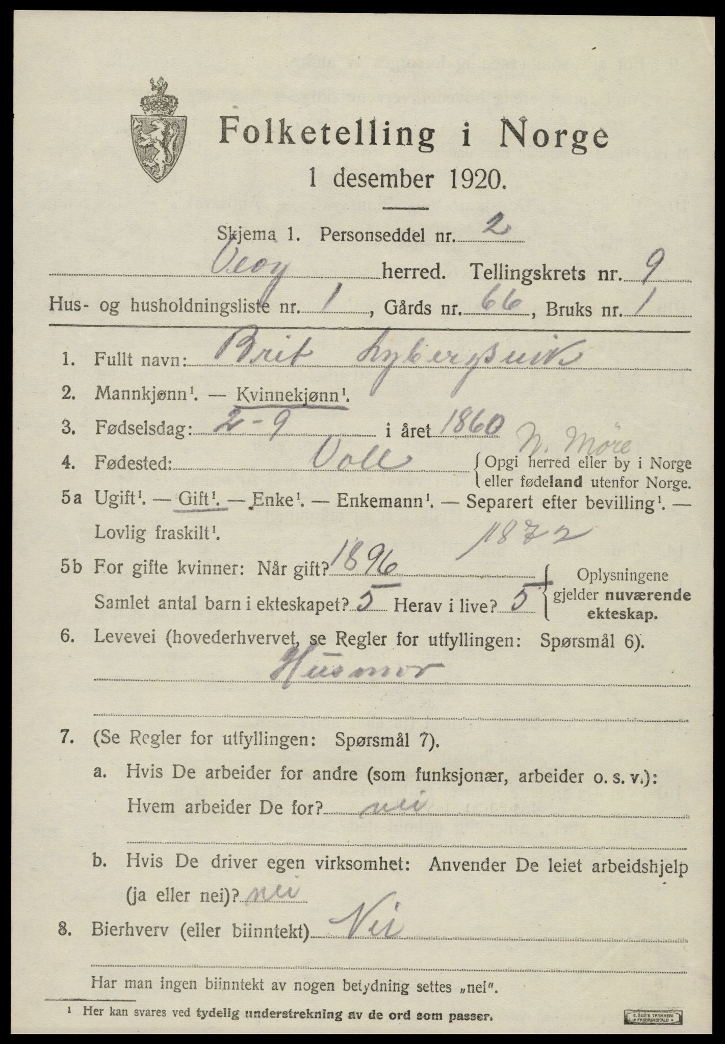 SAT, 1920 census for Veøy, 1920, p. 4157