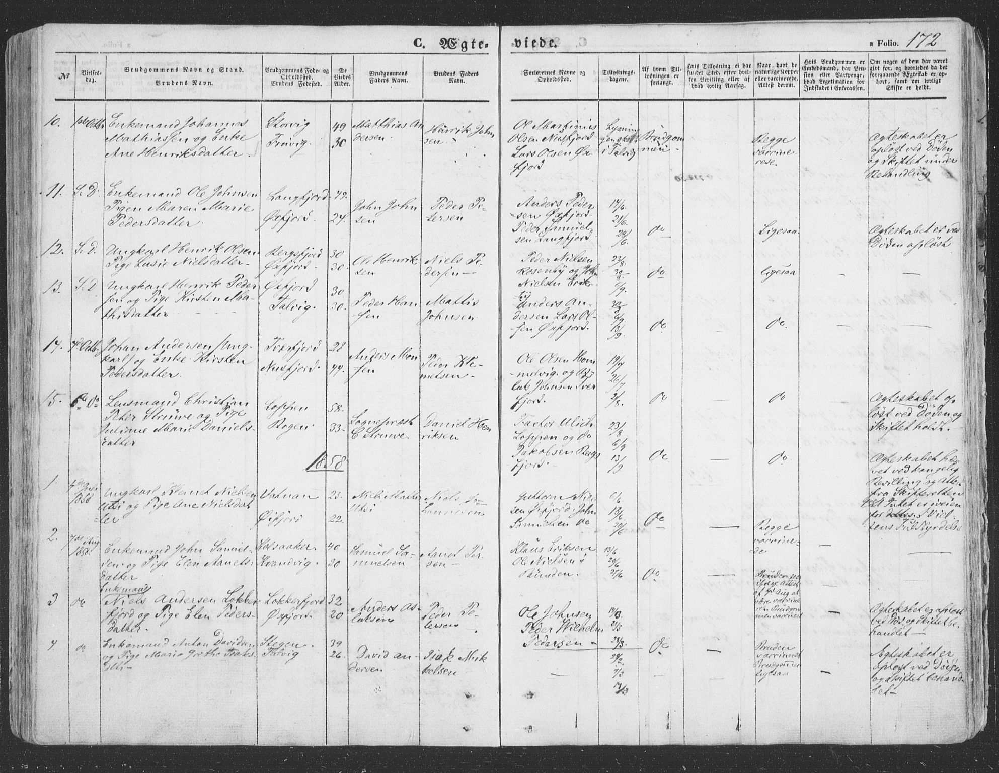 Loppa sokneprestkontor, SATØ/S-1339/H/Ha/L0004kirke: Parish register (official) no. 4, 1849-1868, p. 172