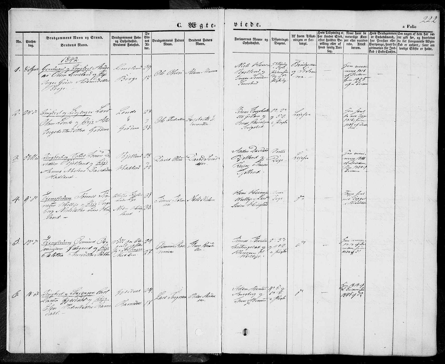 Lye sokneprestkontor, SAST/A-101794/001/30BA/L0006: Parish register (official) no. A 5.2, 1842-1855, p. 222