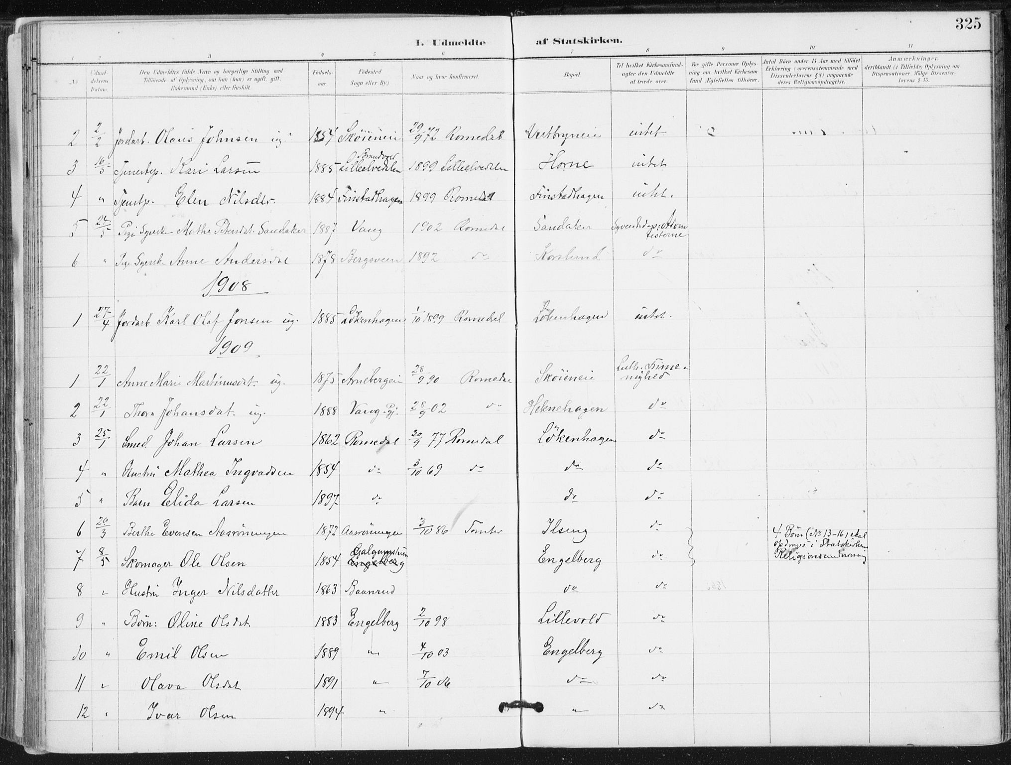 Romedal prestekontor, AV/SAH-PREST-004/K/L0011: Parish register (official) no. 11, 1896-1912, p. 325