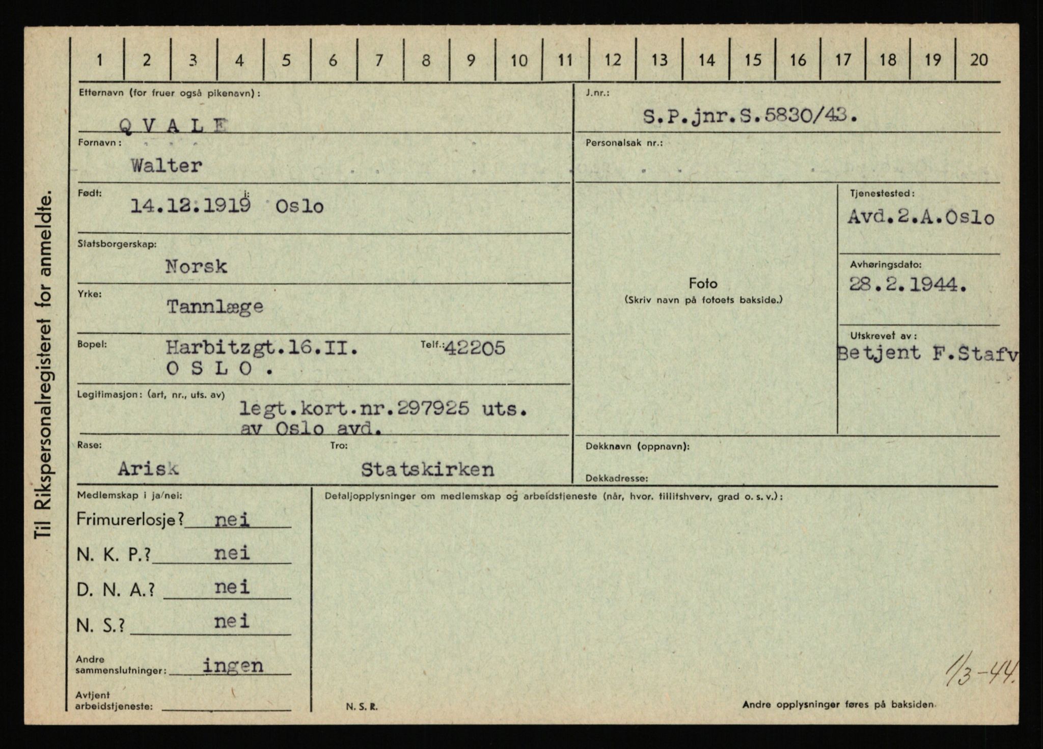 Statspolitiet - Hovedkontoret / Osloavdelingen, AV/RA-S-1329/C/Ca/L0012: Oanæs - Quistgaard	, 1943-1945, p. 4963