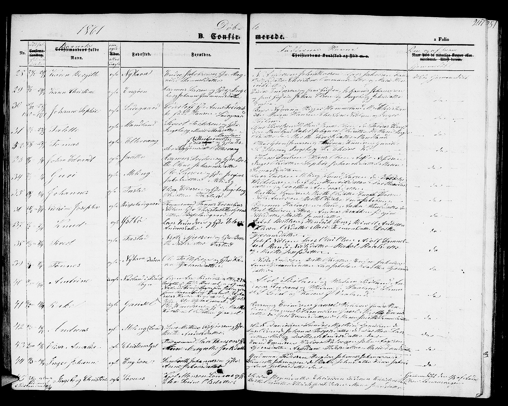 Hetland sokneprestkontor, AV/SAST-A-101826/30/30BB/L0001: Parish register (copy) no. B 1, 1850-1868, p. 247