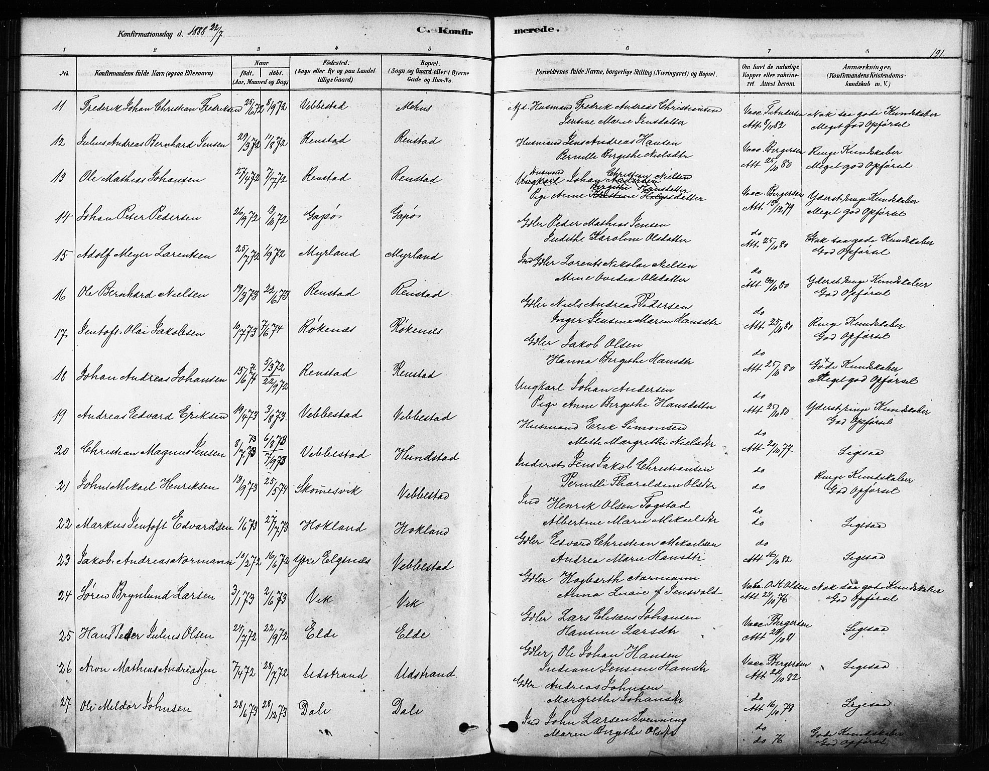 Kvæfjord sokneprestkontor, AV/SATØ-S-1323/G/Ga/Gaa/L0005kirke: Parish register (official) no. 5, 1878-1894, p. 191