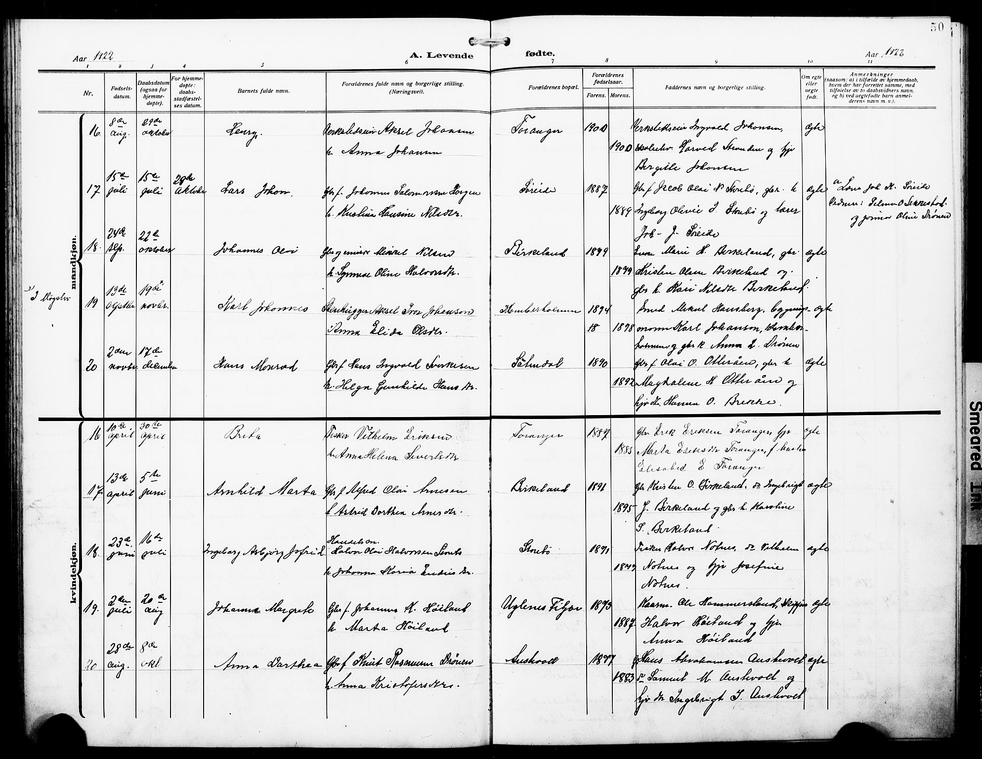 Austevoll Sokneprestembete, SAB/A-74201/H/Hab: Parish register (copy) no. A 5, 1913-1925, p. 50