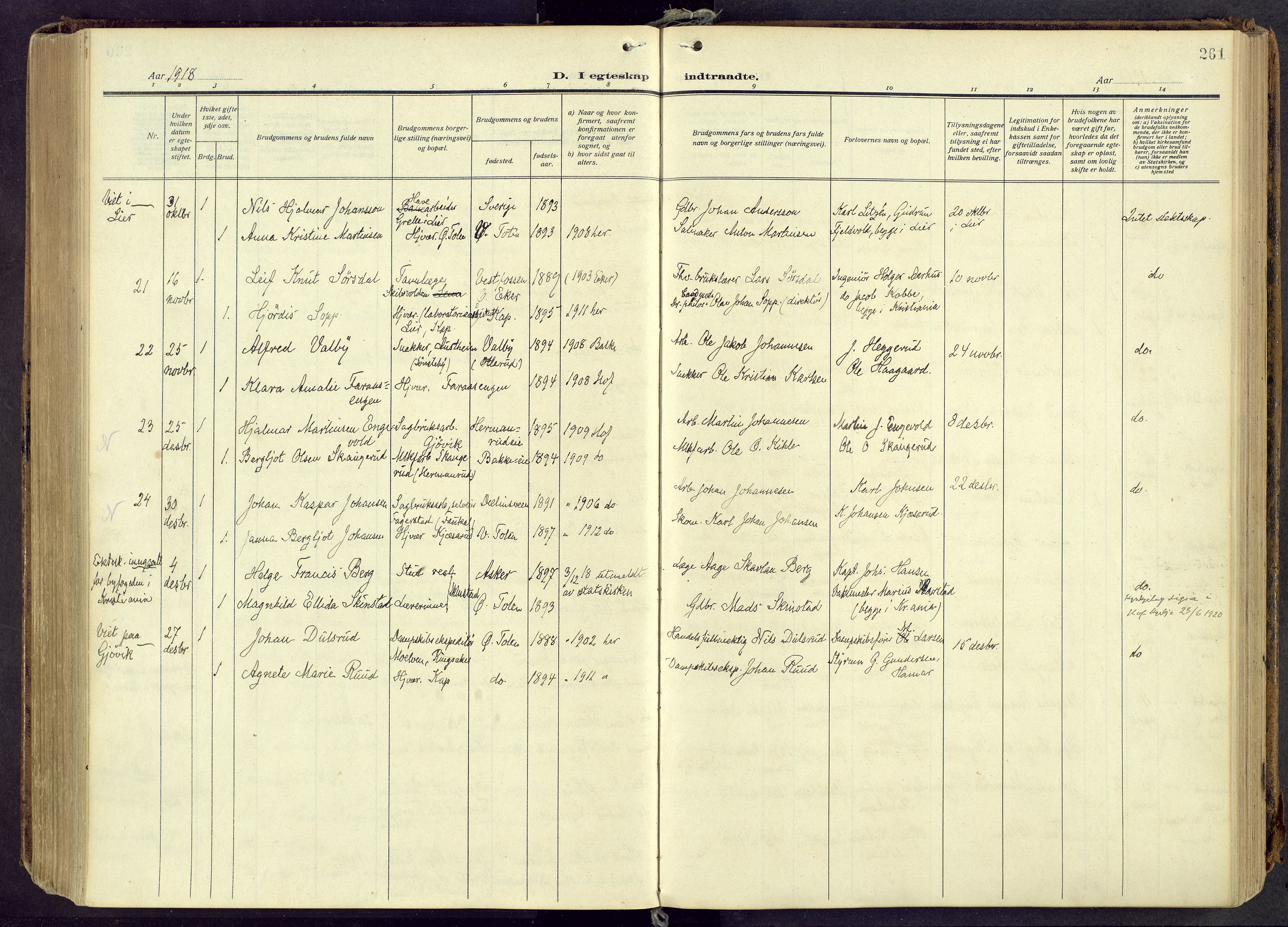 Østre Toten prestekontor, AV/SAH-PREST-104/H/Ha/Haa/L0010: Parish register (official) no. 10, 1910-1920, p. 261