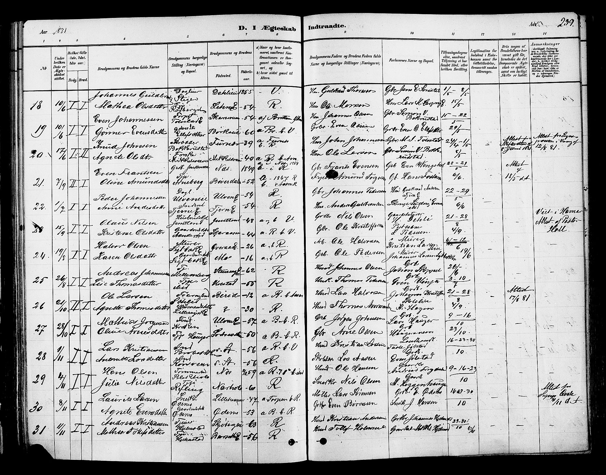 Ringsaker prestekontor, AV/SAH-PREST-014/K/Ka/L0012: Parish register (official) no. 12, 1879-1890, p. 239