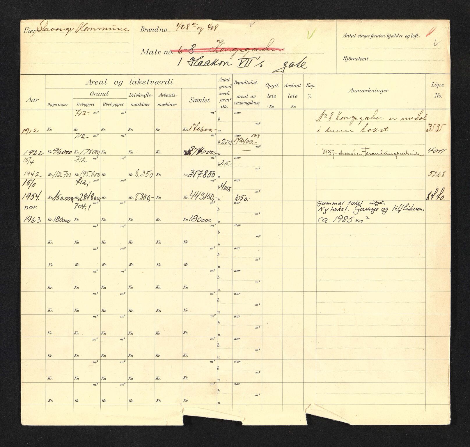 Stavanger kommune. Skattetakstvesenet, BYST/A-0440/F/Fa/Faa/L0015/0007: Skattetakstkort / Haakon VIIs gate 1 - Hafrsfjordsgata 19