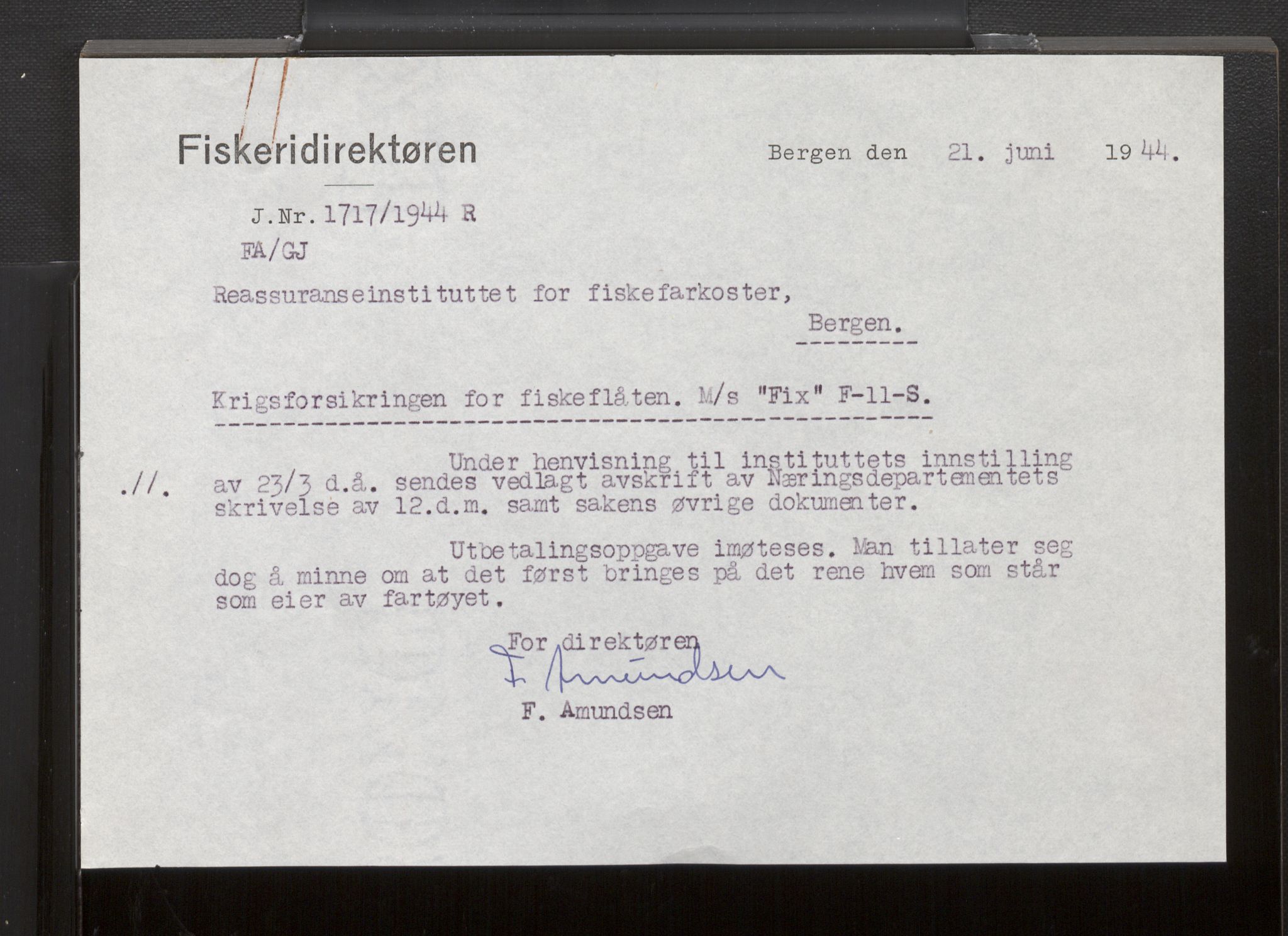 Fiskeridirektoratet - 1 Adm. ledelse - 13 Båtkontoret, SAB/A-2003/La/L0058: Statens krigsforsikring for fiskeflåten, 1936-1971, p. 851