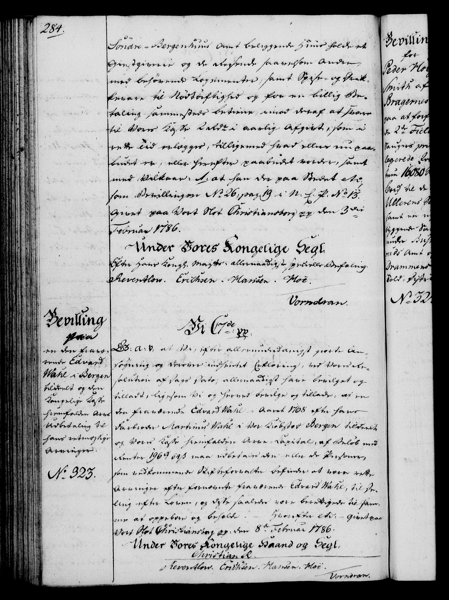 Rentekammeret, Kammerkanselliet, RA/EA-3111/G/Gg/Gga/L0013: Norsk ekspedisjonsprotokoll med register (merket RK 53.13), 1784-1787, p. 284