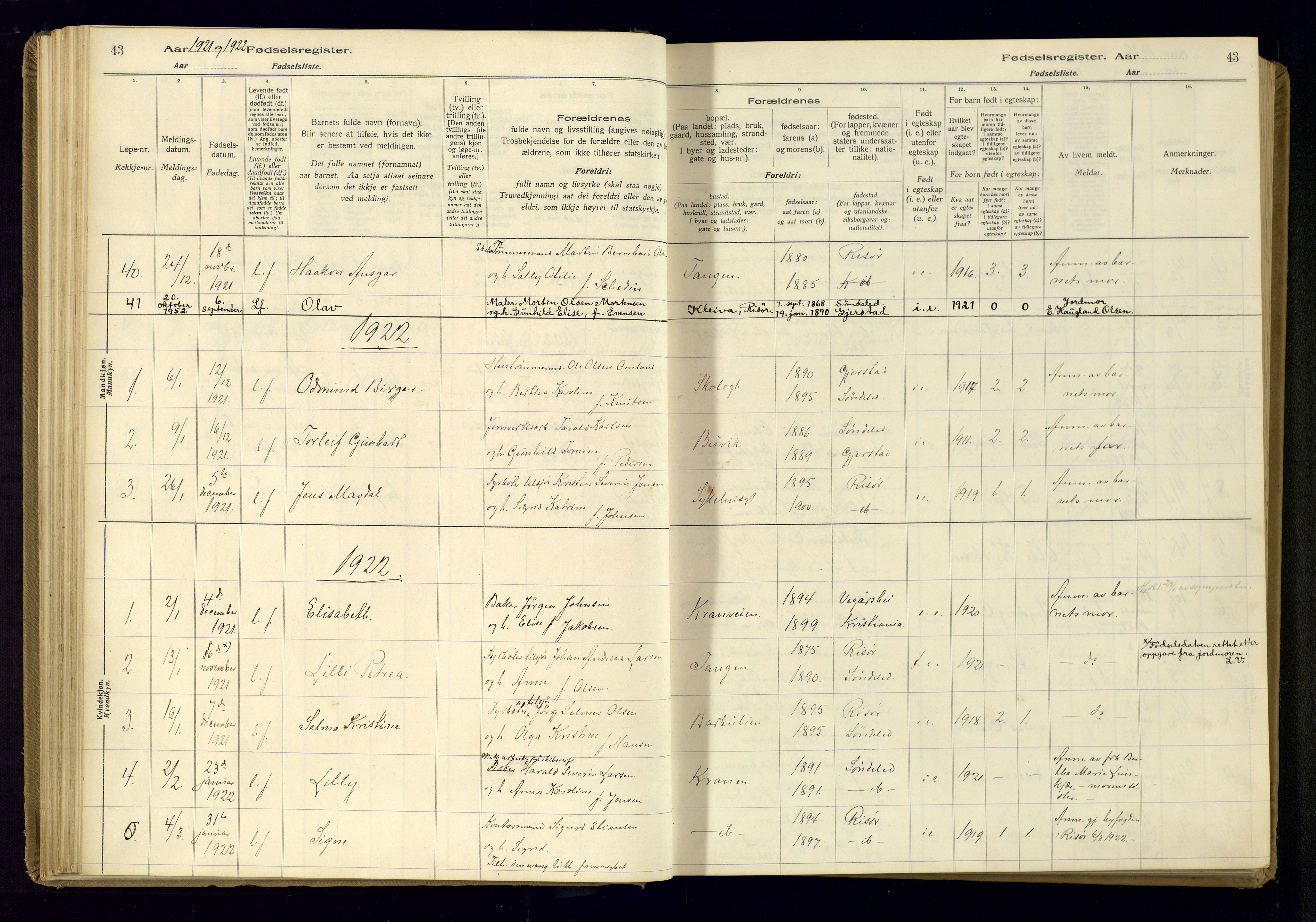 Risør sokneprestkontor, AV/SAK-1111-0035/J/Ja/L0001: Birth register no. A-VI-13, 1916-1947, p. 43