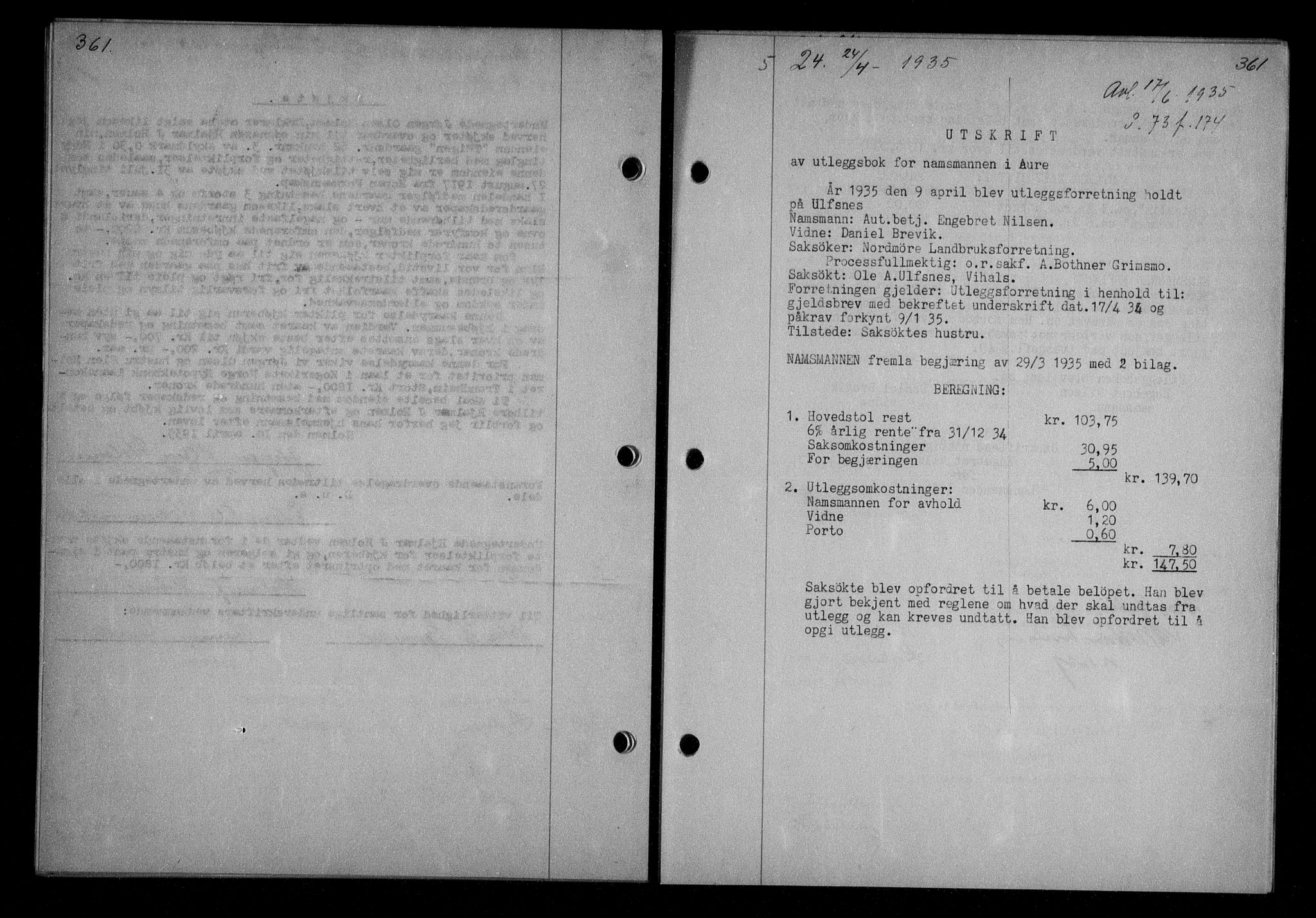 Nordmøre sorenskriveri, AV/SAT-A-4132/1/2/2Ca/L0084: Mortgage book no. 74, 1935-1935, Deed date: 24.04.1935