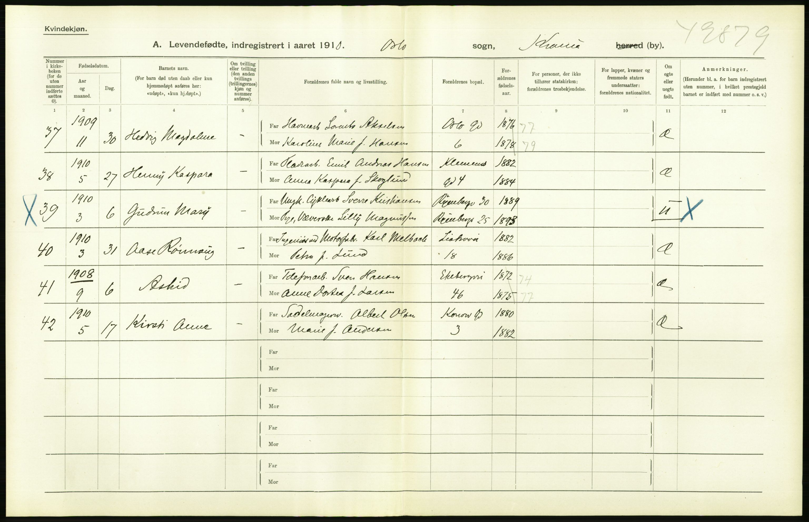 Statistisk sentralbyrå, Sosiodemografiske emner, Befolkning, AV/RA-S-2228/D/Df/Dfa/Dfah/L0007: Kristiania: Levendefødte kvinner., 1910, p. 376