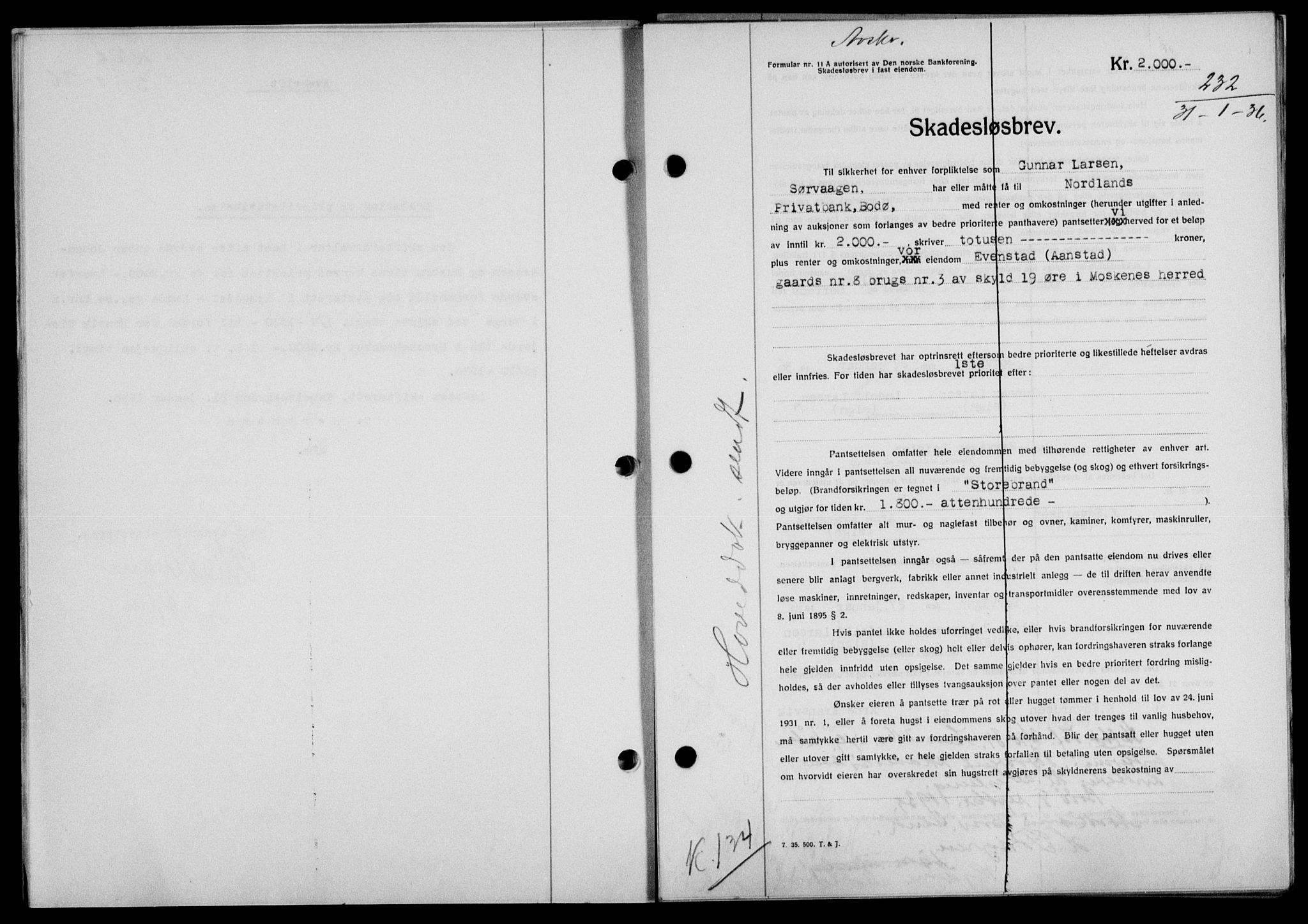 Lofoten sorenskriveri, SAT/A-0017/1/2/2C/L0033b: Mortgage book no. 33b, 1936-1936, Diary no: : 232/1936