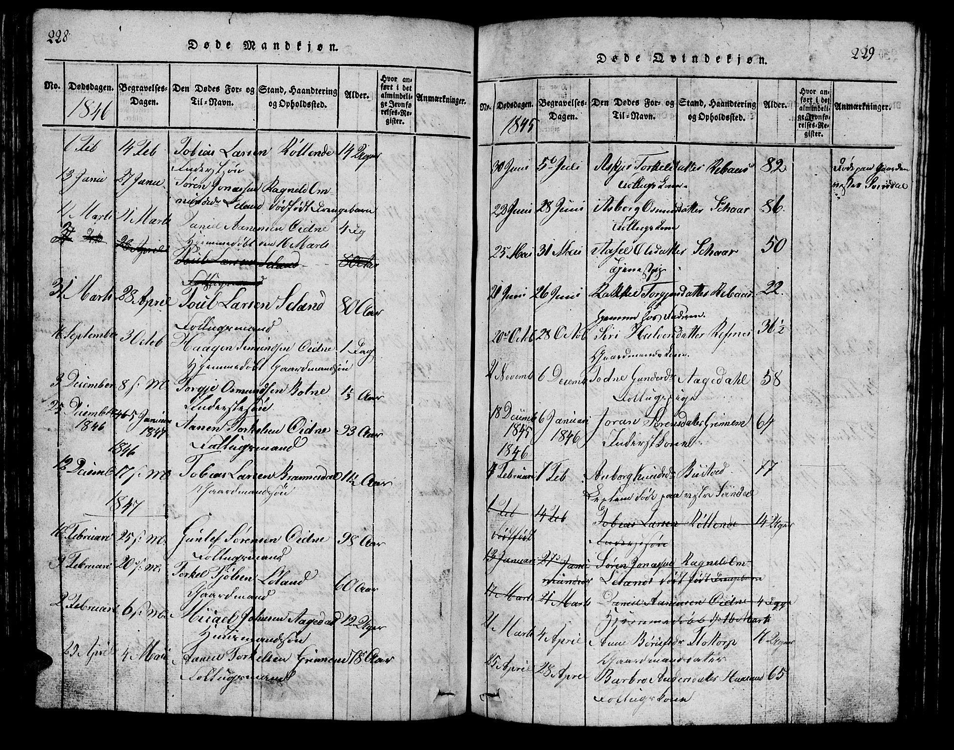 Bjelland sokneprestkontor, SAK/1111-0005/F/Fb/Fbc/L0001: Parish register (copy) no. B 1, 1815-1870, p. 228-229