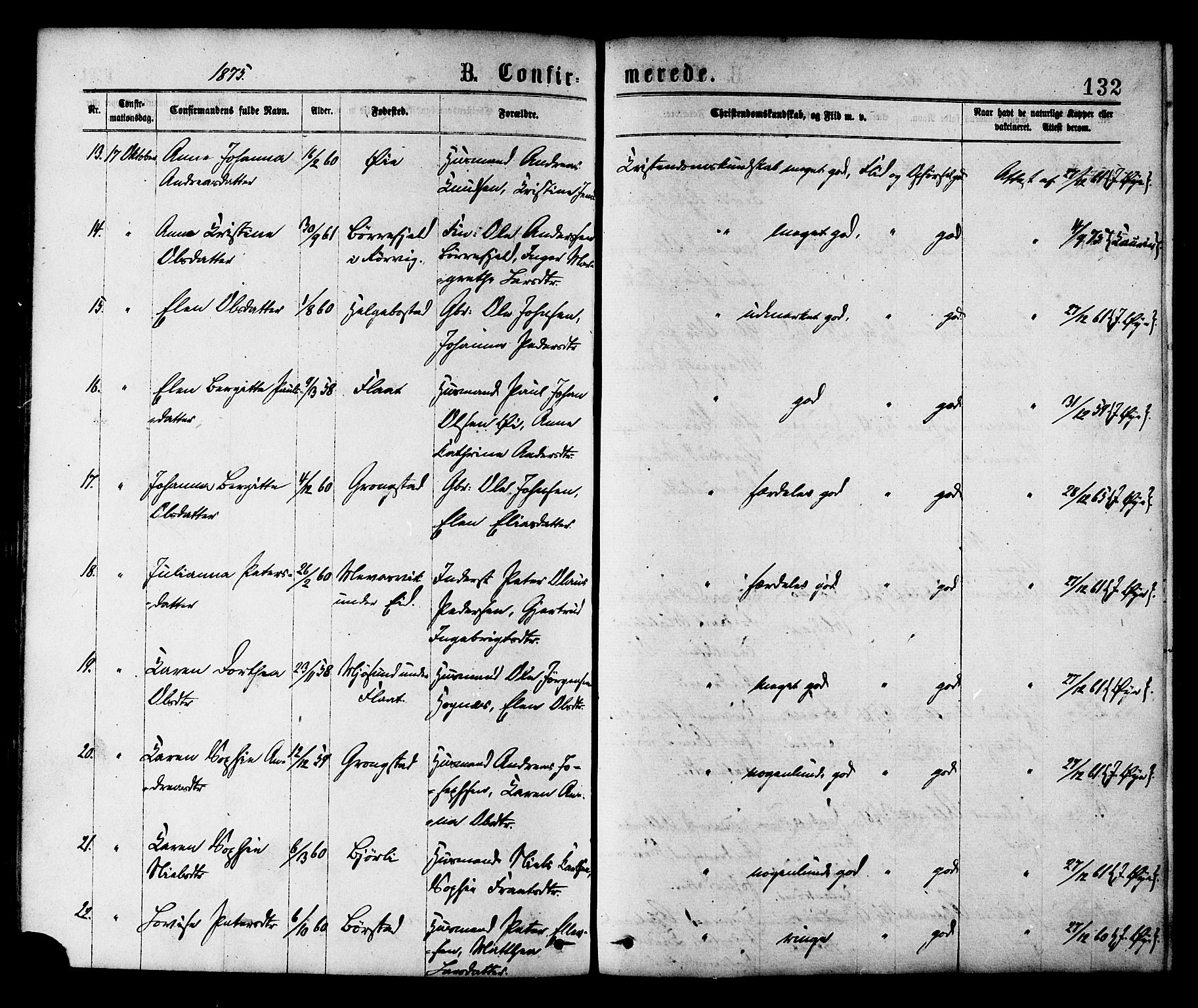 Ministerialprotokoller, klokkerbøker og fødselsregistre - Nord-Trøndelag, SAT/A-1458/758/L0516: Parish register (official) no. 758A03 /1, 1869-1879, p. 132