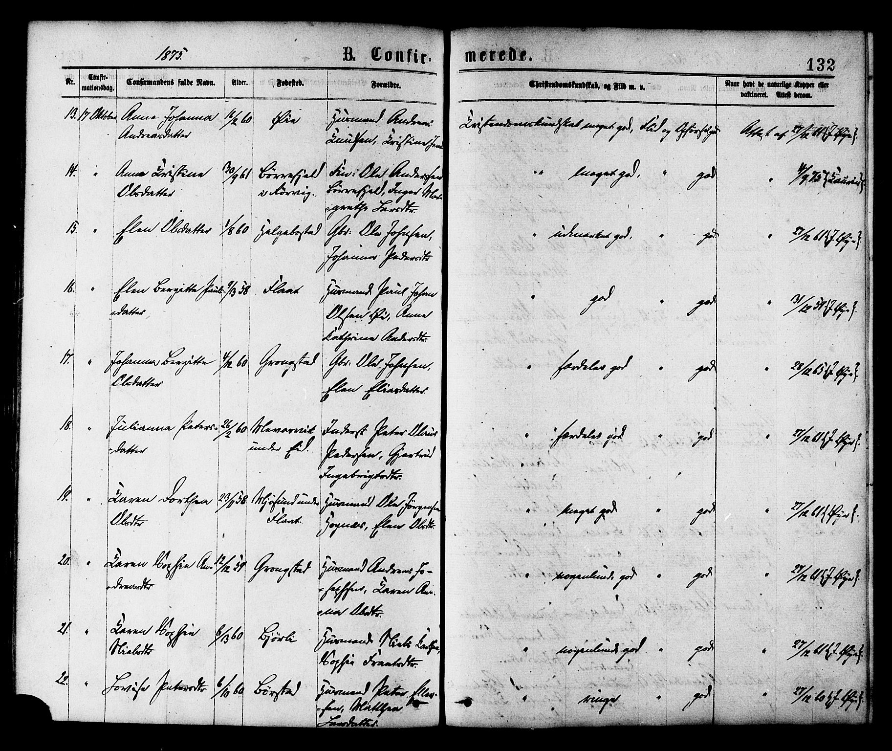 Ministerialprotokoller, klokkerbøker og fødselsregistre - Nord-Trøndelag, AV/SAT-A-1458/758/L0516: Parish register (official) no. 758A03 /1, 1869-1879, p. 132