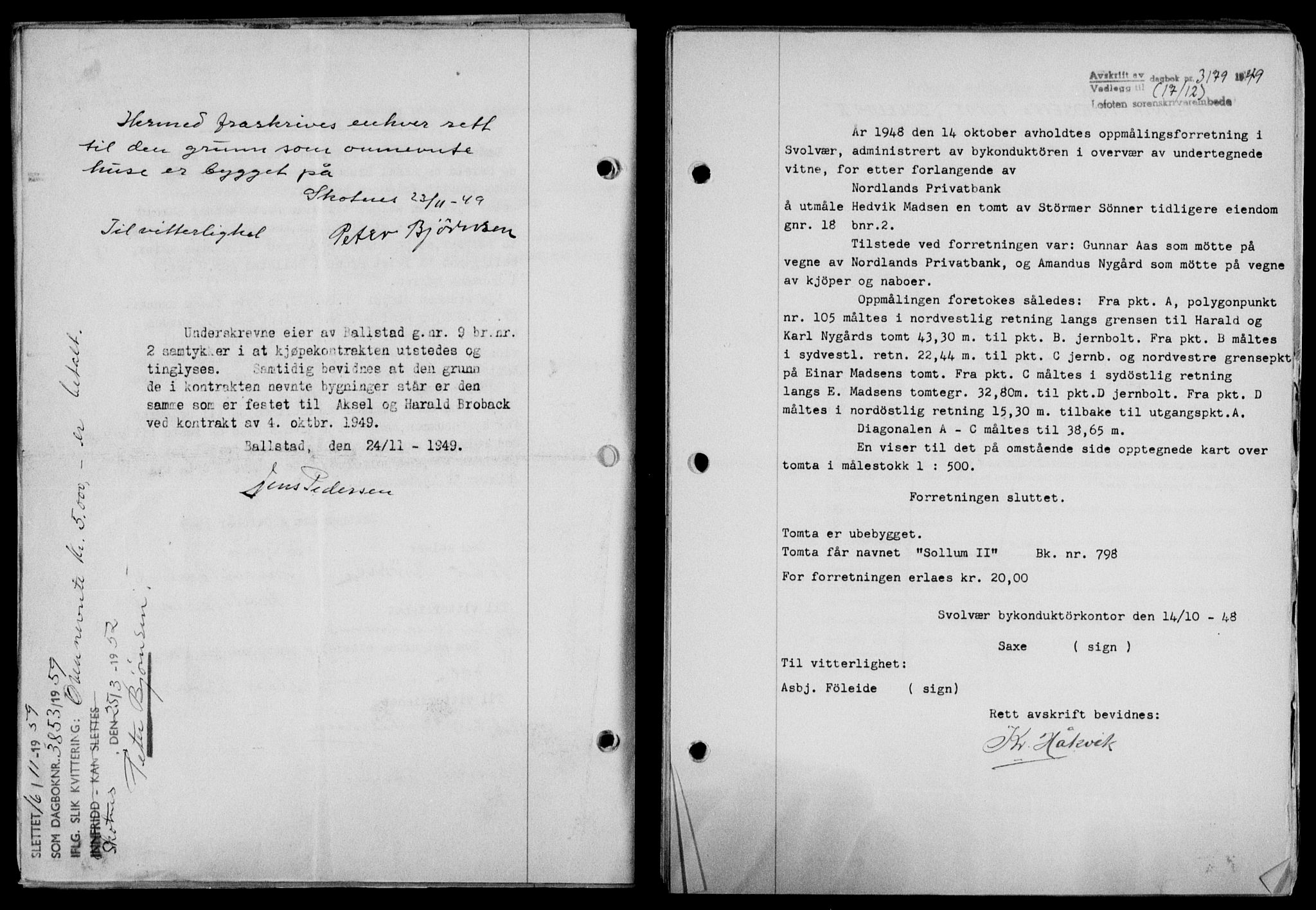 Lofoten sorenskriveri, SAT/A-0017/1/2/2C/L0022a: Mortgage book no. 22a, 1949-1950, Diary no: : 3179/1949