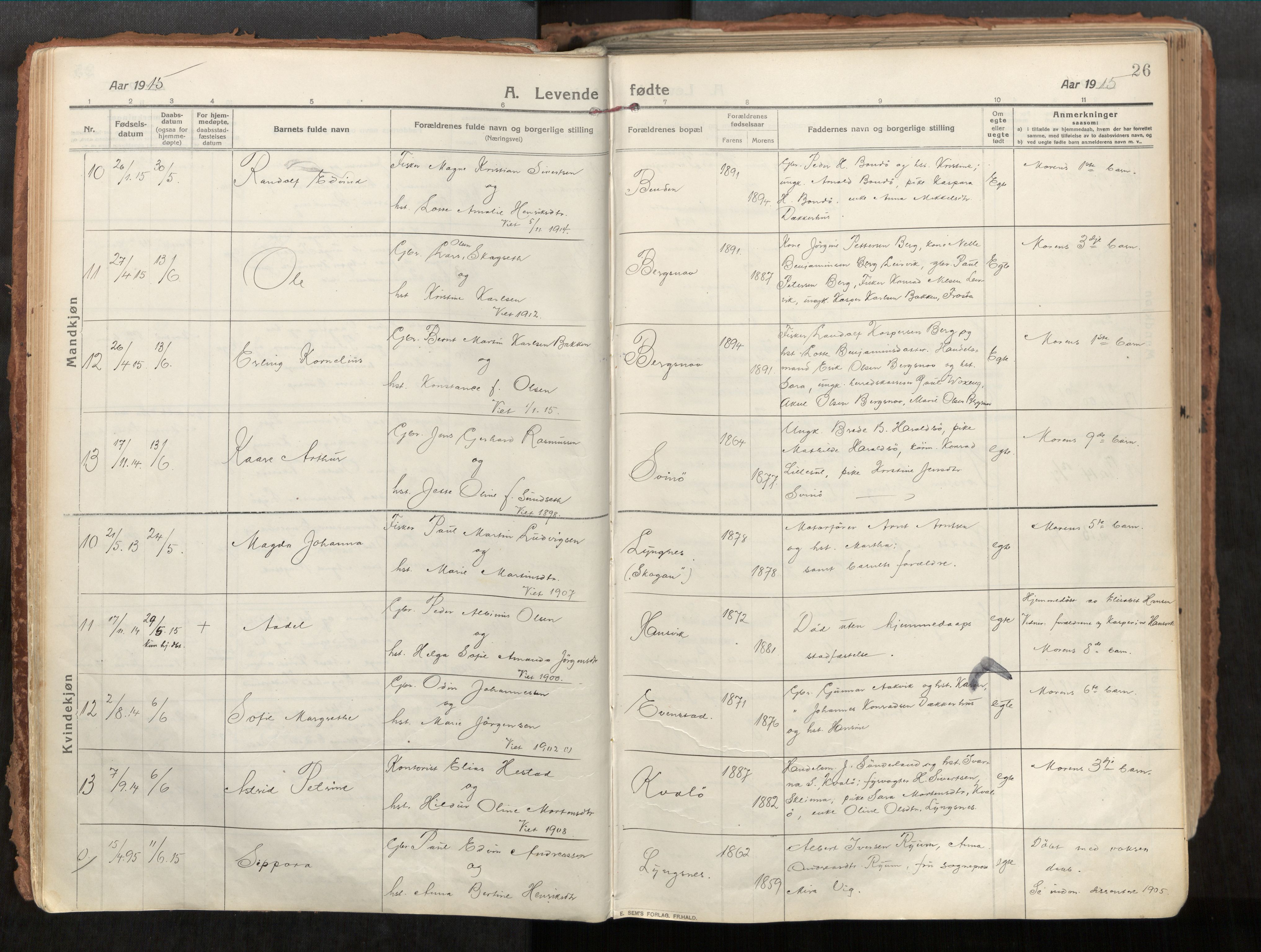 Vikna sokneprestkontor, AV/SAT-A-1173/1/I/I1/I1a/L0001: Parish register (official) no. 1, 1913-1934, p. 26