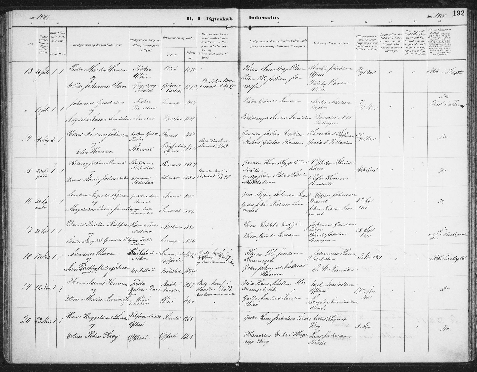 Ministerialprotokoller, klokkerbøker og fødselsregistre - Nordland, AV/SAT-A-1459/872/L1036: Parish register (official) no. 872A11, 1897-1913, p. 192