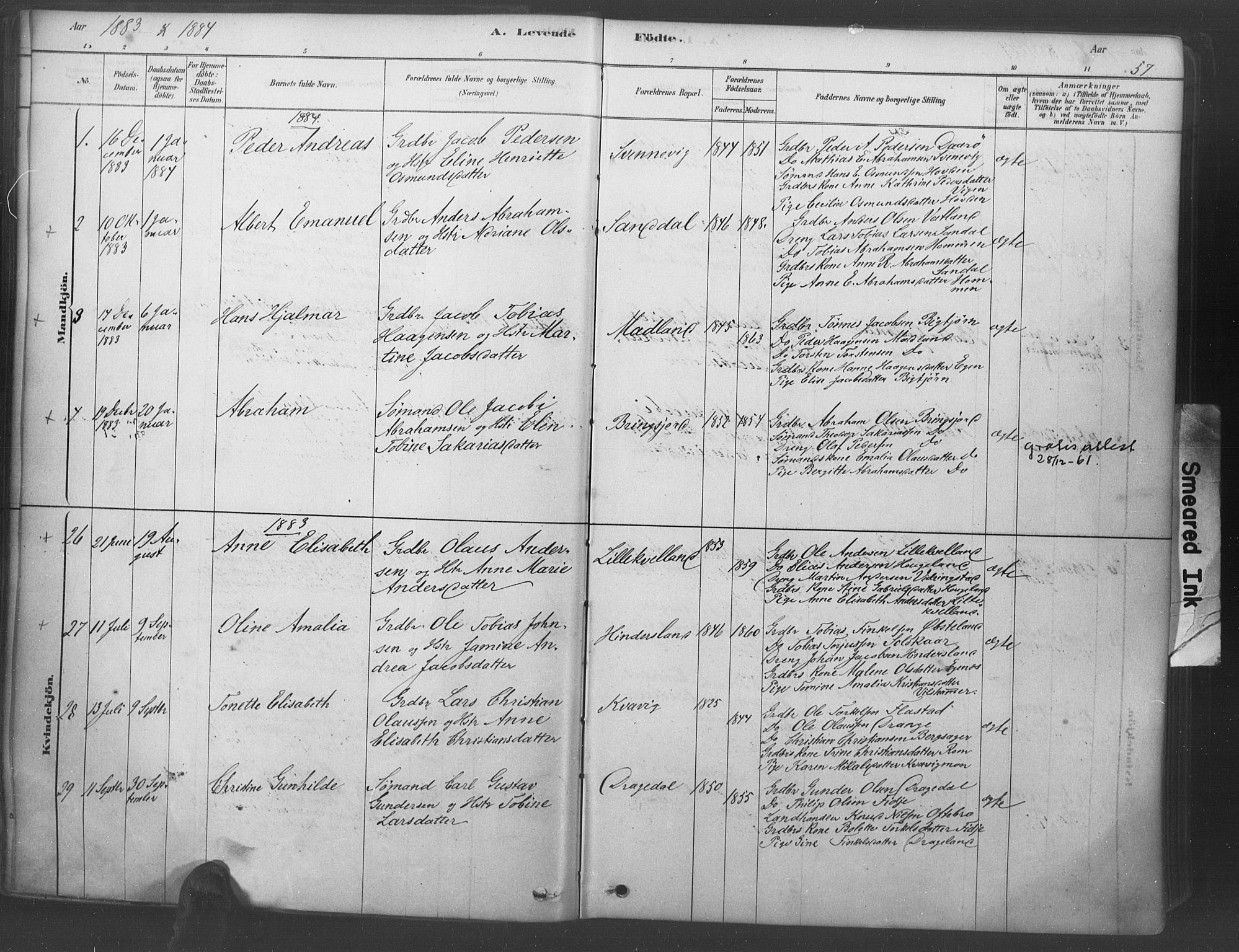 Lyngdal sokneprestkontor, SAK/1111-0029/F/Fa/Fac/L0011: Parish register (official) no. A 11, 1878-1893, p. 57