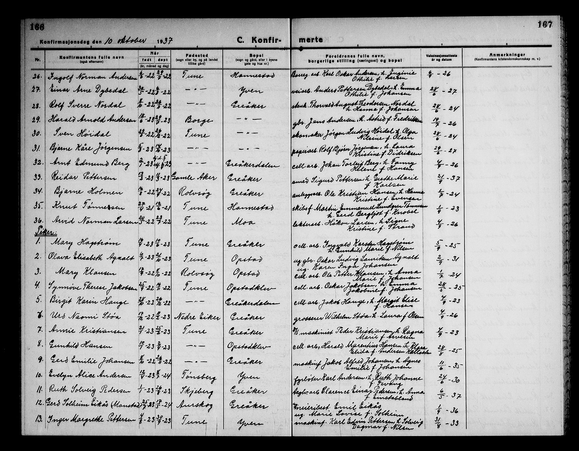 Tune prestekontor Kirkebøker, AV/SAO-A-2007/G/Gc/L0002: Parish register (copy) no. III 2, 1931-1945, p. 166-167