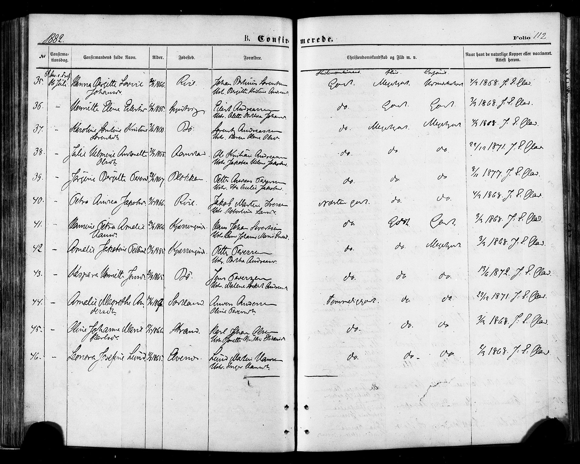 Ministerialprotokoller, klokkerbøker og fødselsregistre - Nordland, AV/SAT-A-1459/895/L1370: Parish register (official) no. 895A05, 1873-1884, p. 112