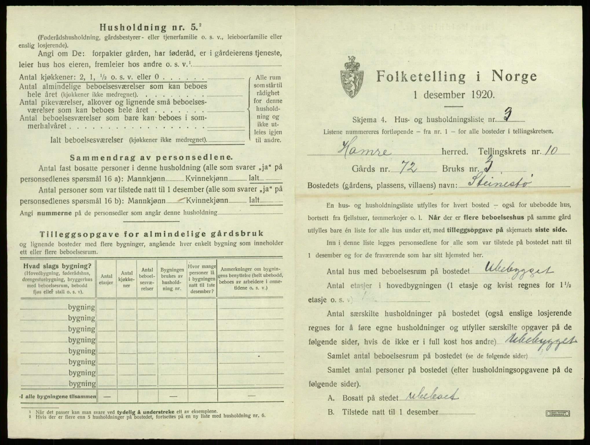 SAB, 1920 census for Hamre, 1920, p. 895