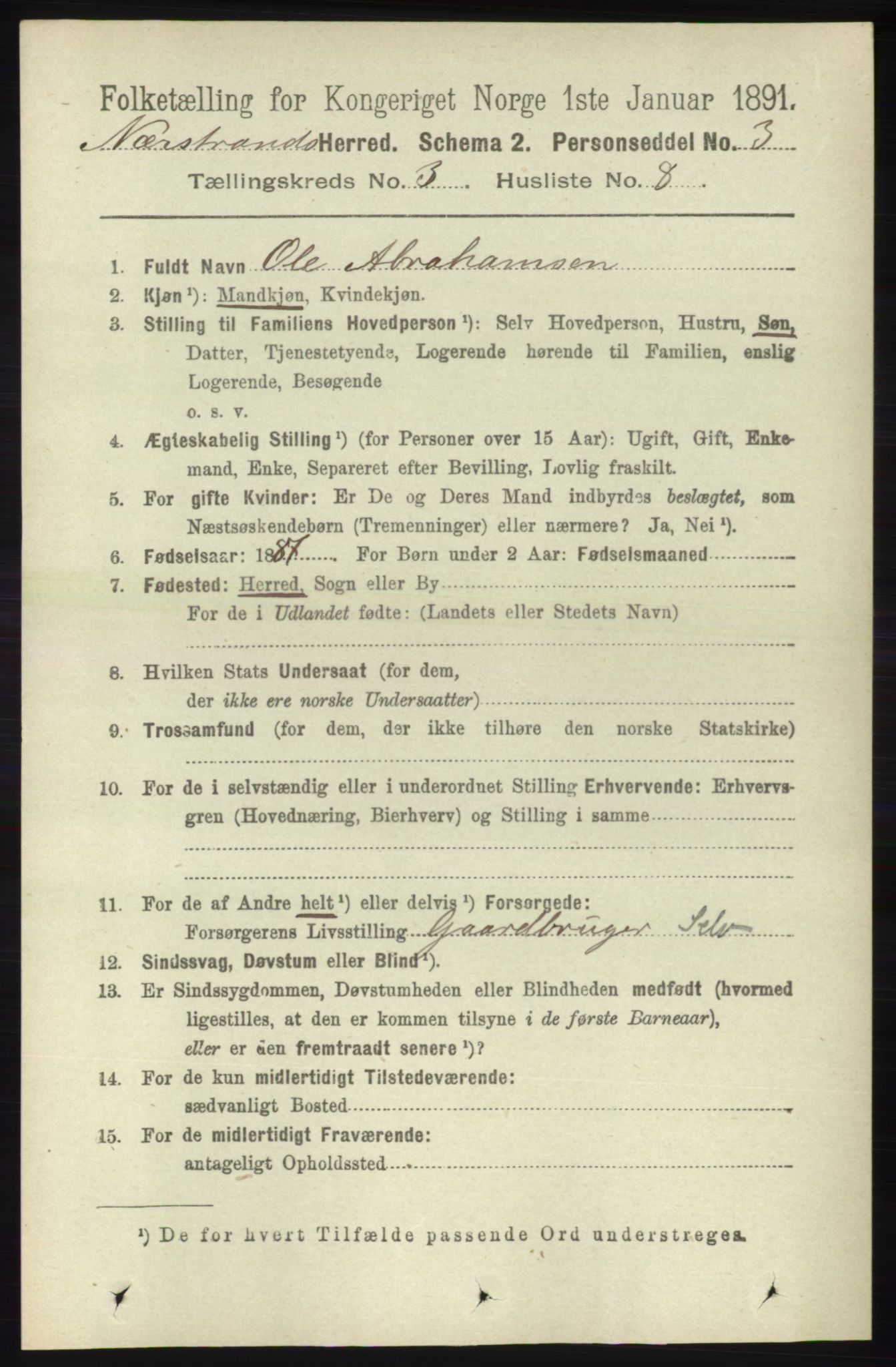 RA, 1891 census for 1139 Nedstrand, 1891, p. 504