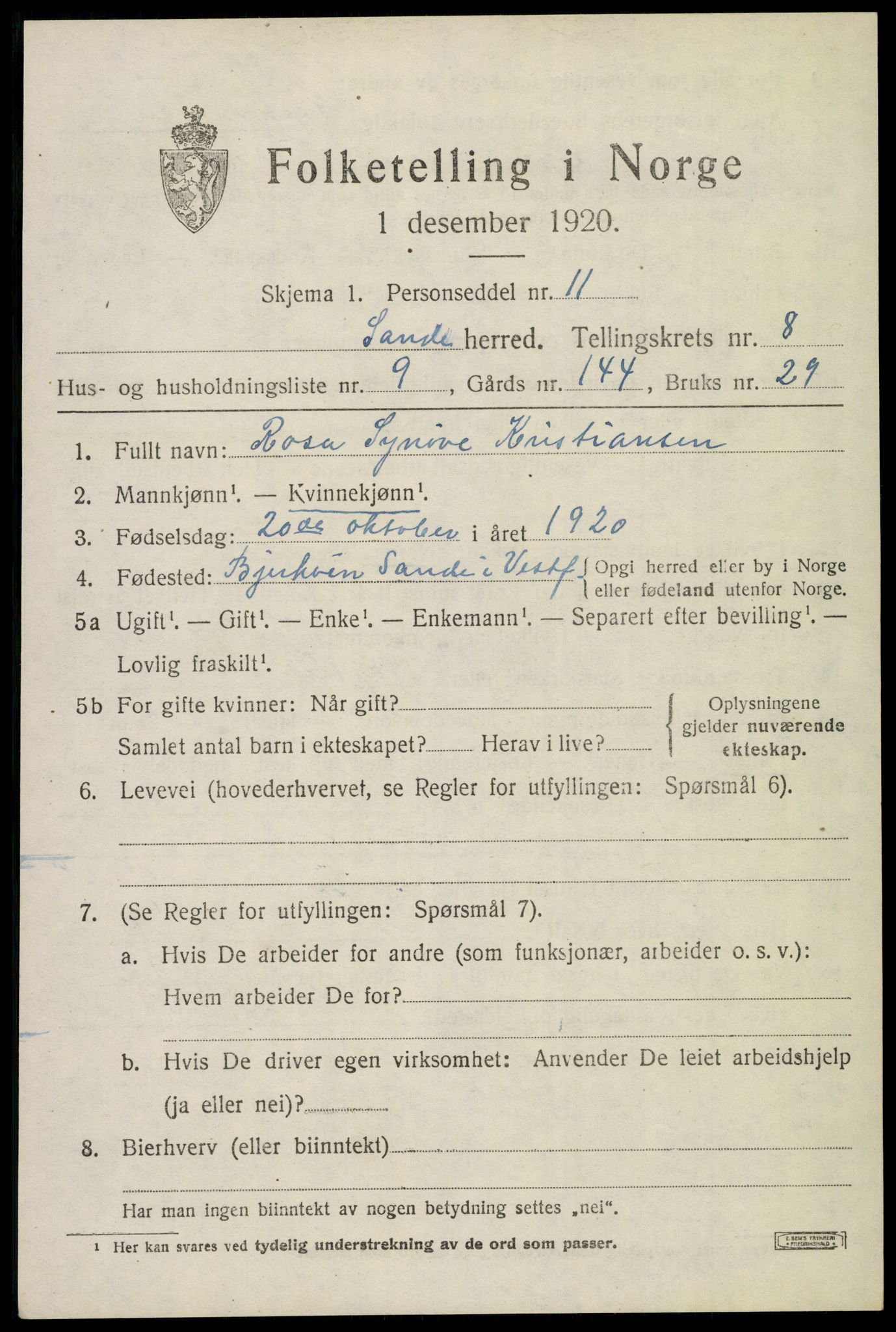SAKO, 1920 census for Sande, 1920, p. 9042